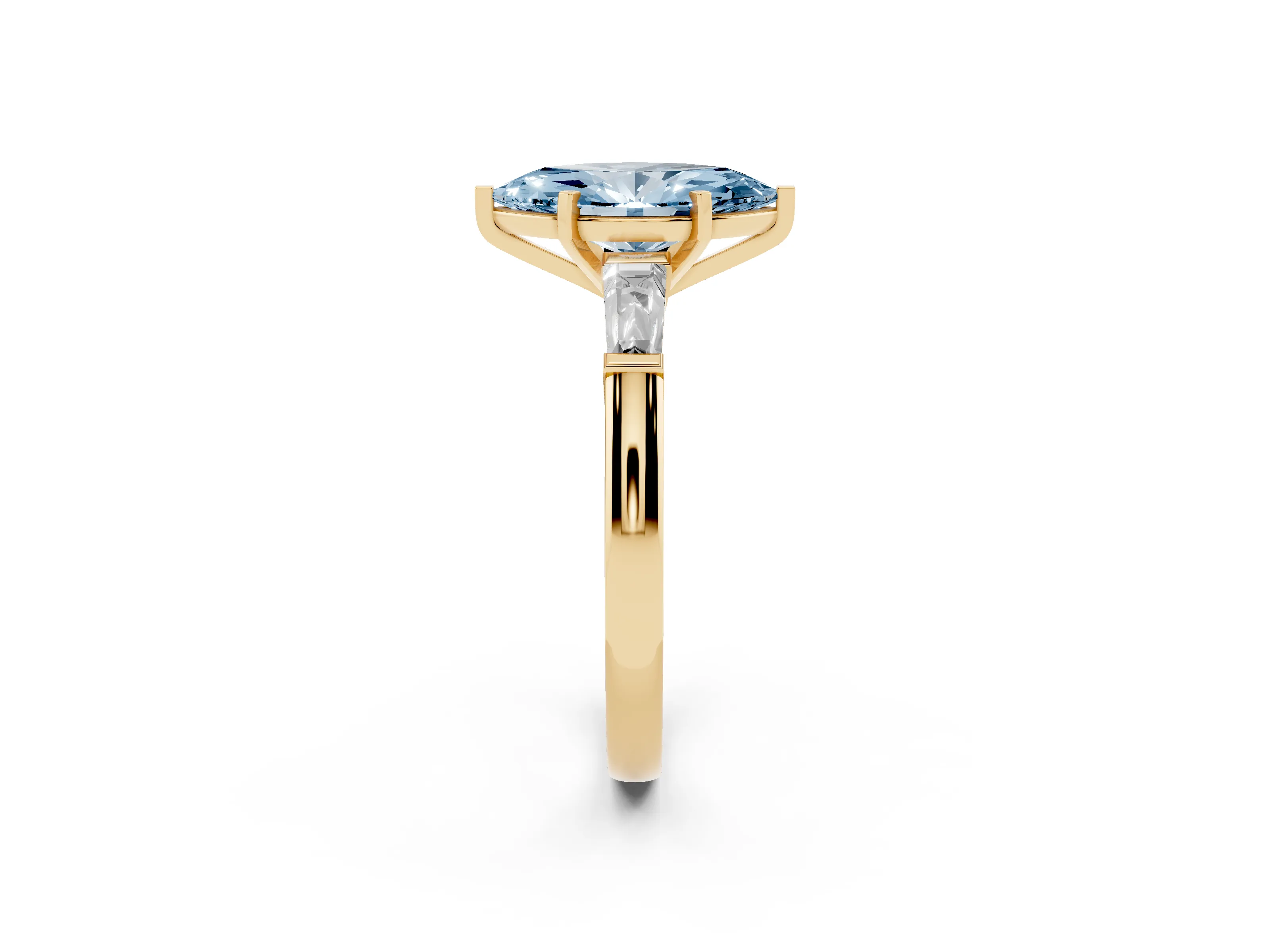 Fancy Blue Marquise Cut Diamond Solitaire Ring Set in Yellow gold with Tapered Baguette Side Stones and Prong Setting