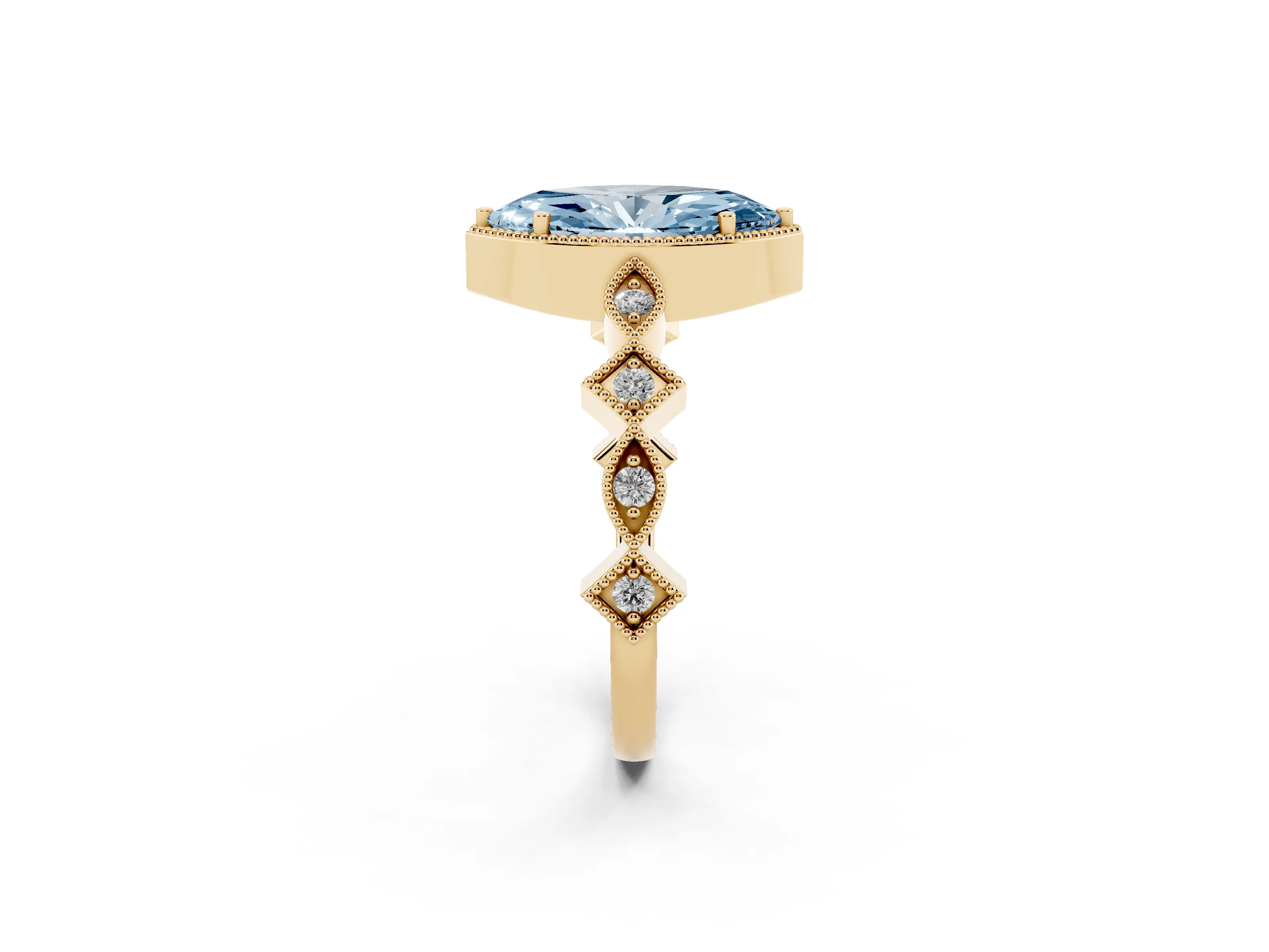 Fancy Blue Marquise Cut Diamond Milgrain Marquise Twist Band Ring Set in Yellow gold with Prong Setting
