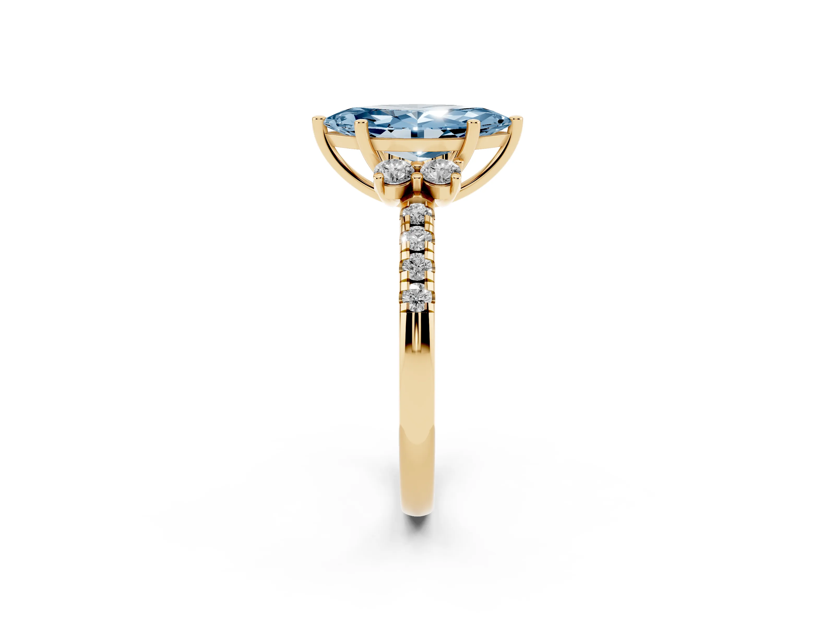 Fancy Blue Marquise Cut Diamond Three-Stone Pavé Ring Set in Yellow gold with Prong Setting