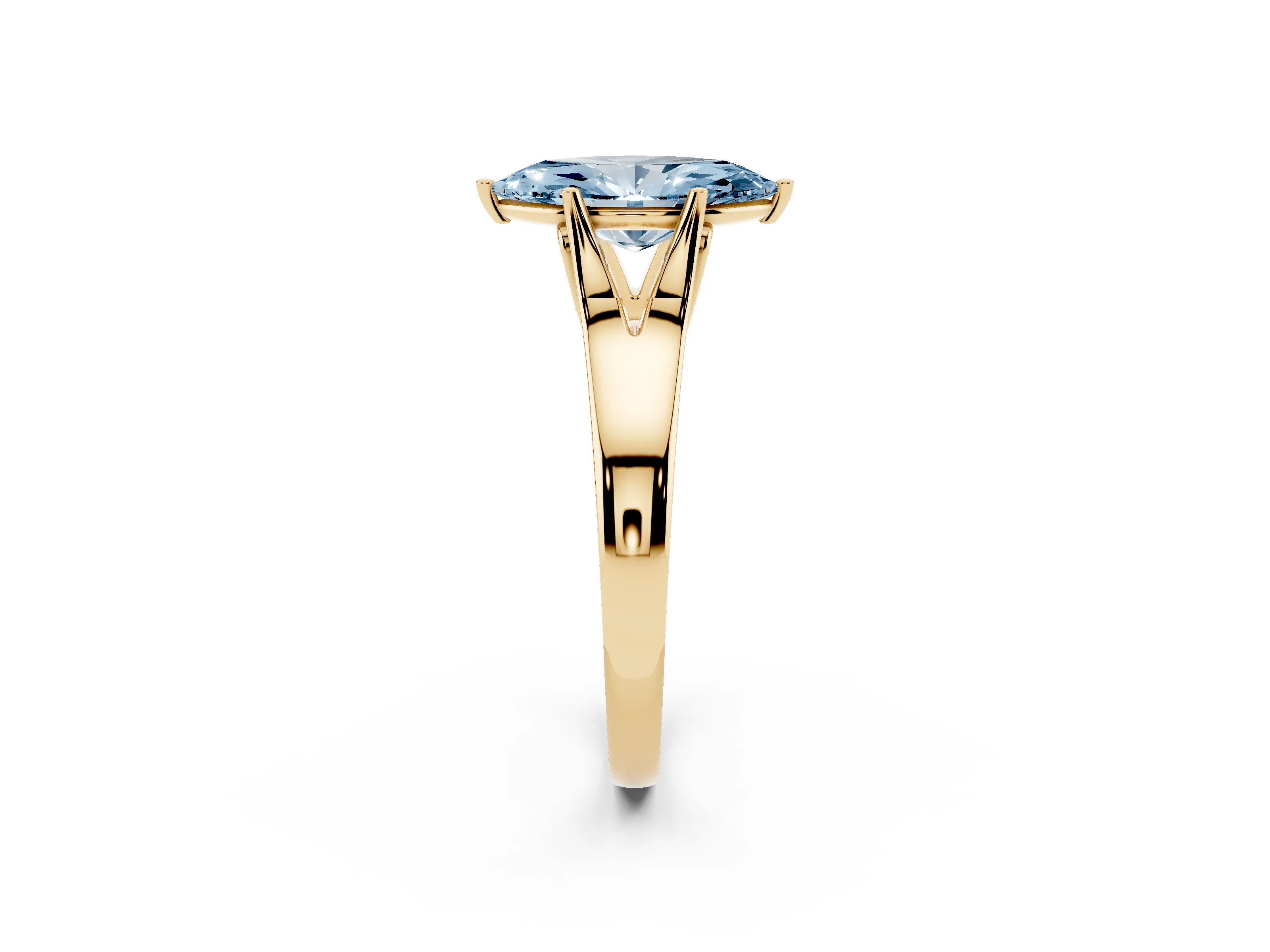 Fancy Blue Marquise Cut Diamond Solitaire Ring Set in Yellow gold with Arched Cathedral Band and Prong Setting