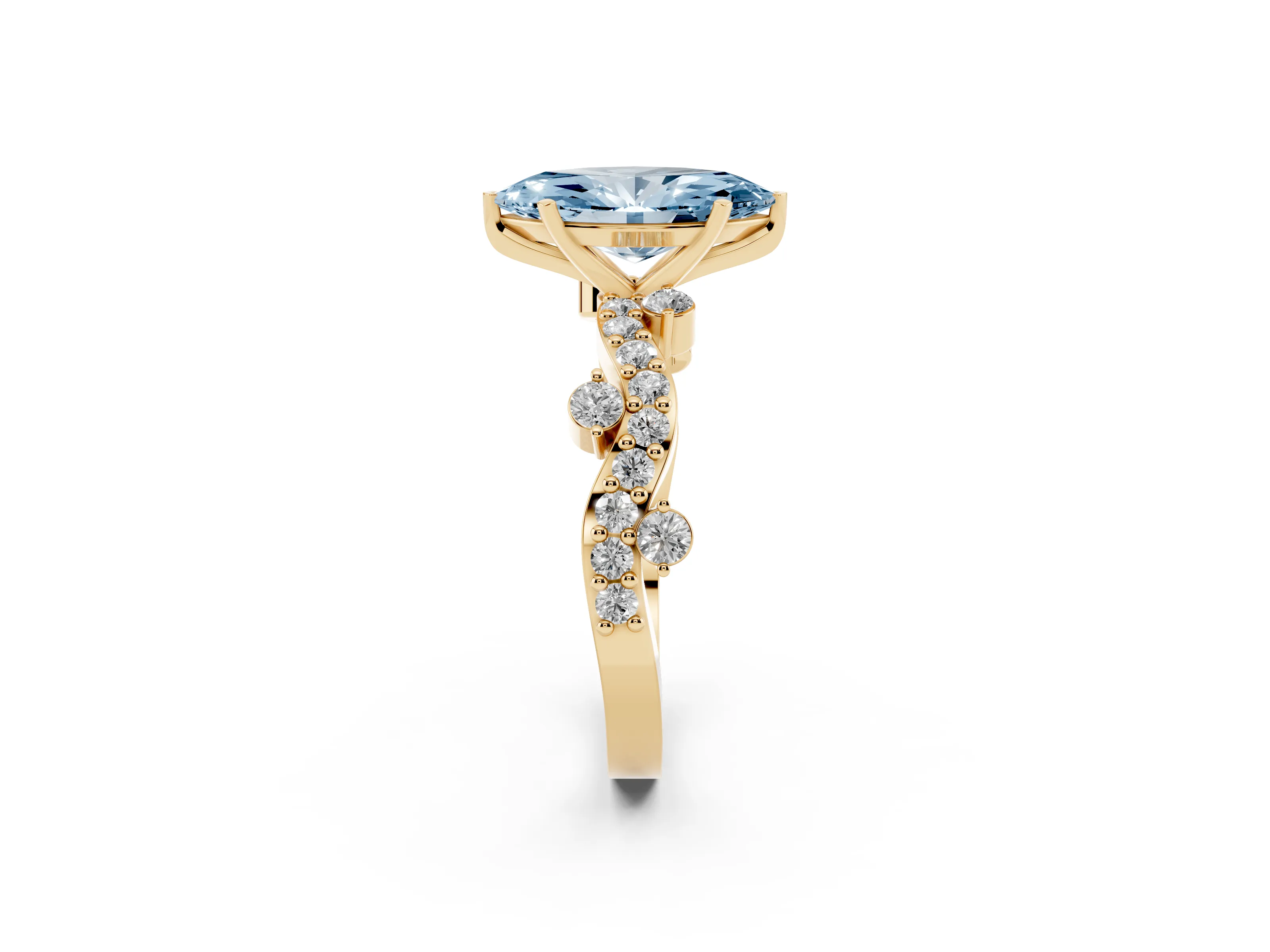 Fancy Blue Marquise Cut Diamond Solitaire Twisted Band Set in Yellow gold with Pavé Setting