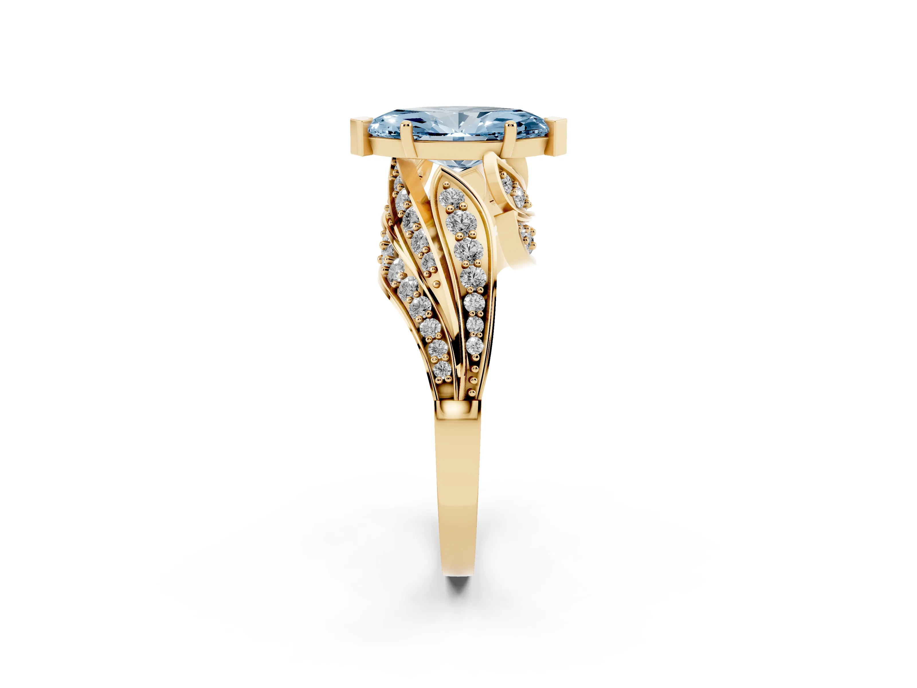 Fancy Blue Marquise Cut Diamond Solitaire Ring Set in Yellow gold with Layered Twist Pavé Band