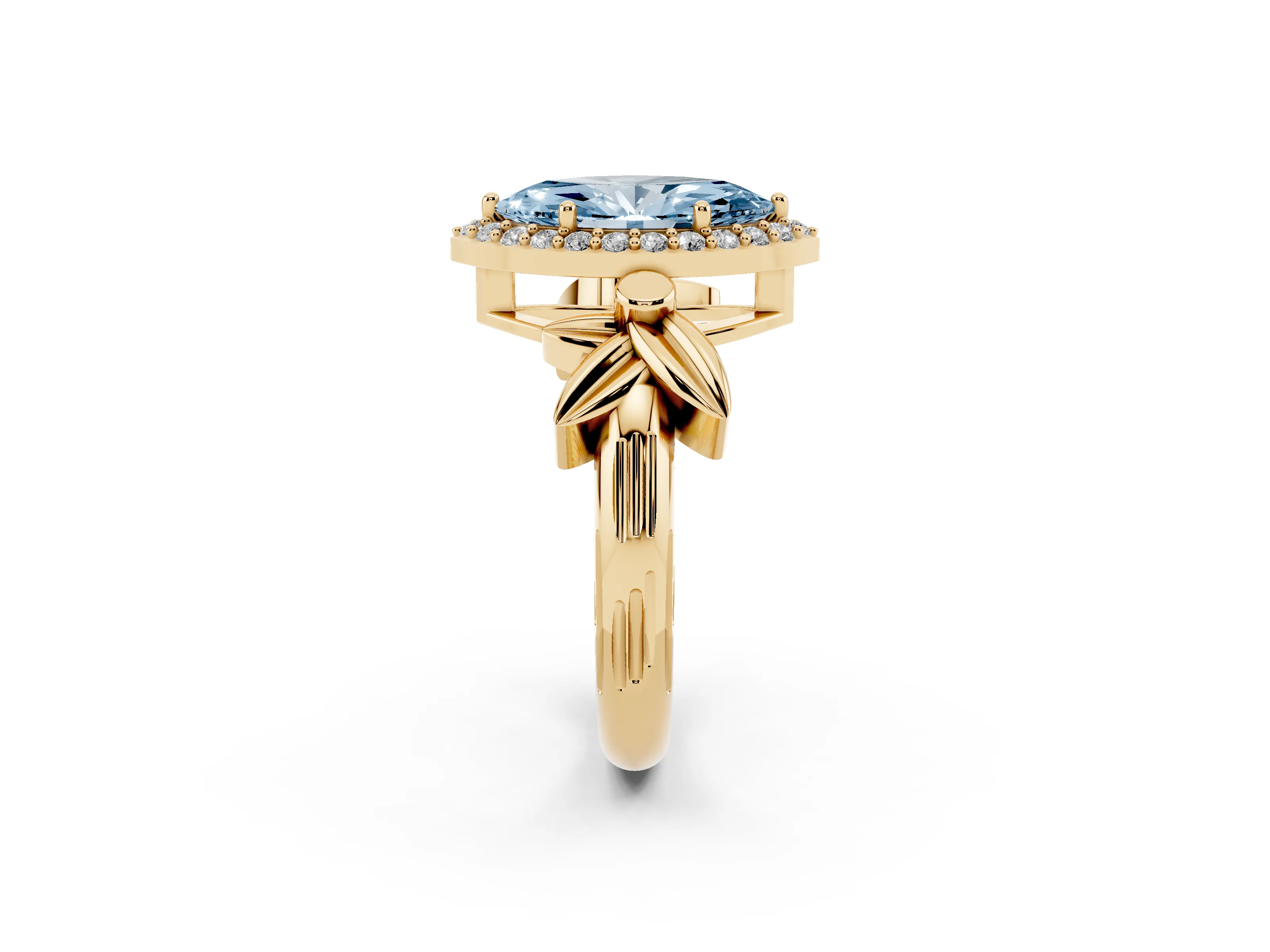 Fancy Blue Marquise Cut Diamond Halo Floral Band Ring Set in Yellow gold with Prong Setting