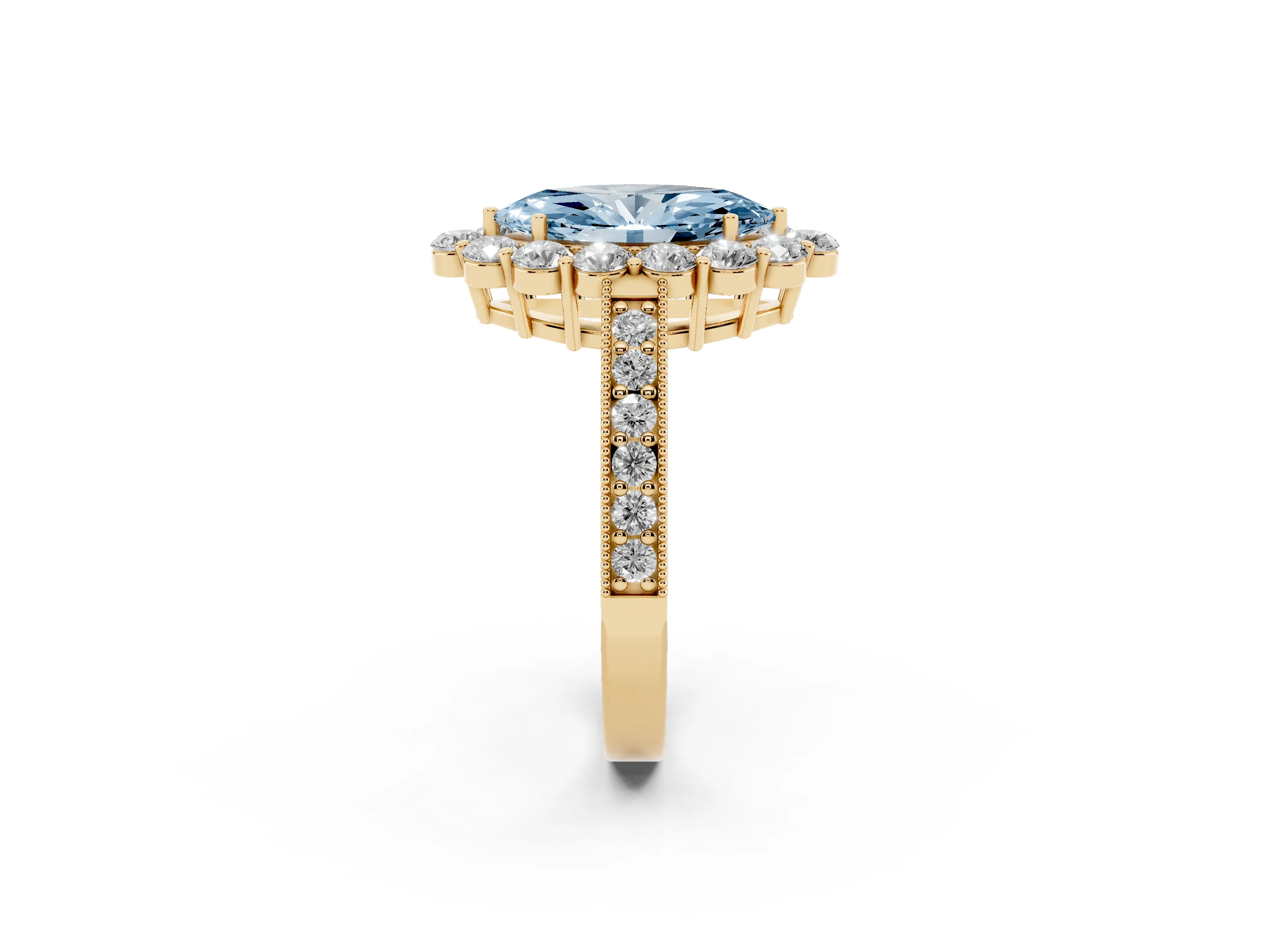 Fancy Blue Marquise Cut Diamond Halo Pavé Engagement Ring Set in Yellow gold with Milgrain Detailing