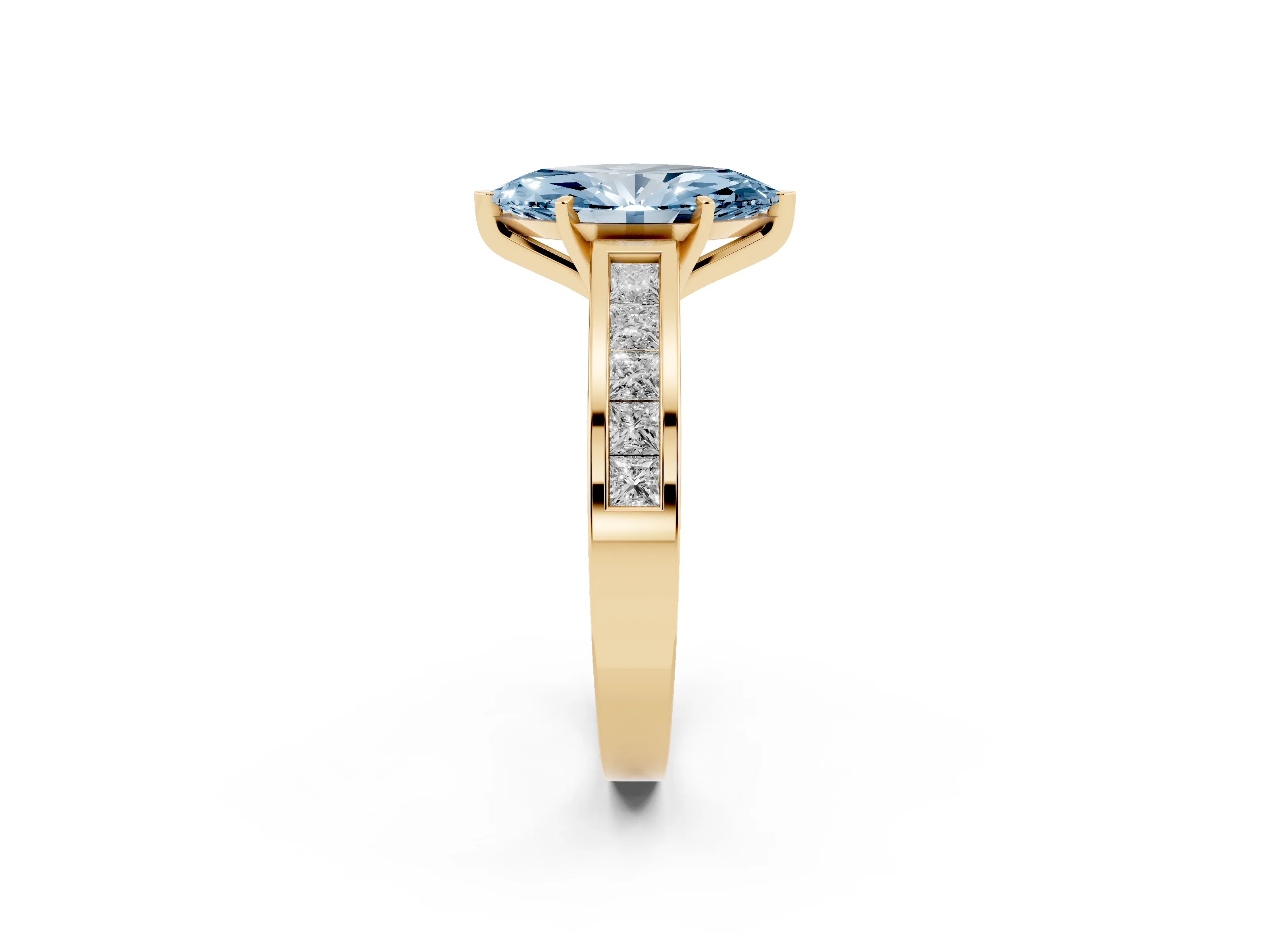 Fancy Blue Marquise Cut Diamond Solitaire Ring Set in Yellow gold with Channel-Set Band and Prong Setting