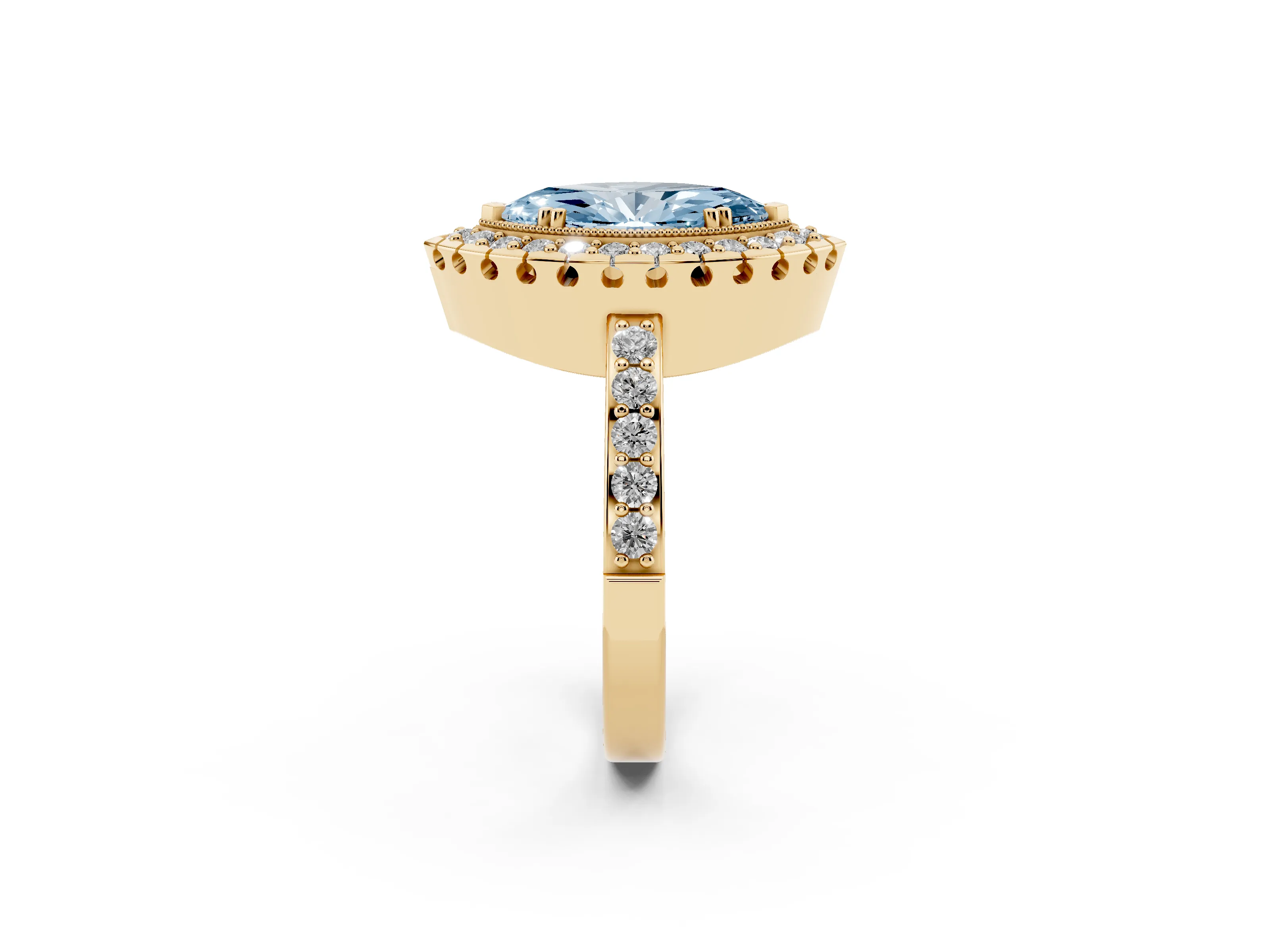 Fancy Blue Marquise Cut Diamond Halo Ring Set in Yellow gold with Pavé Shank and Prong Setting