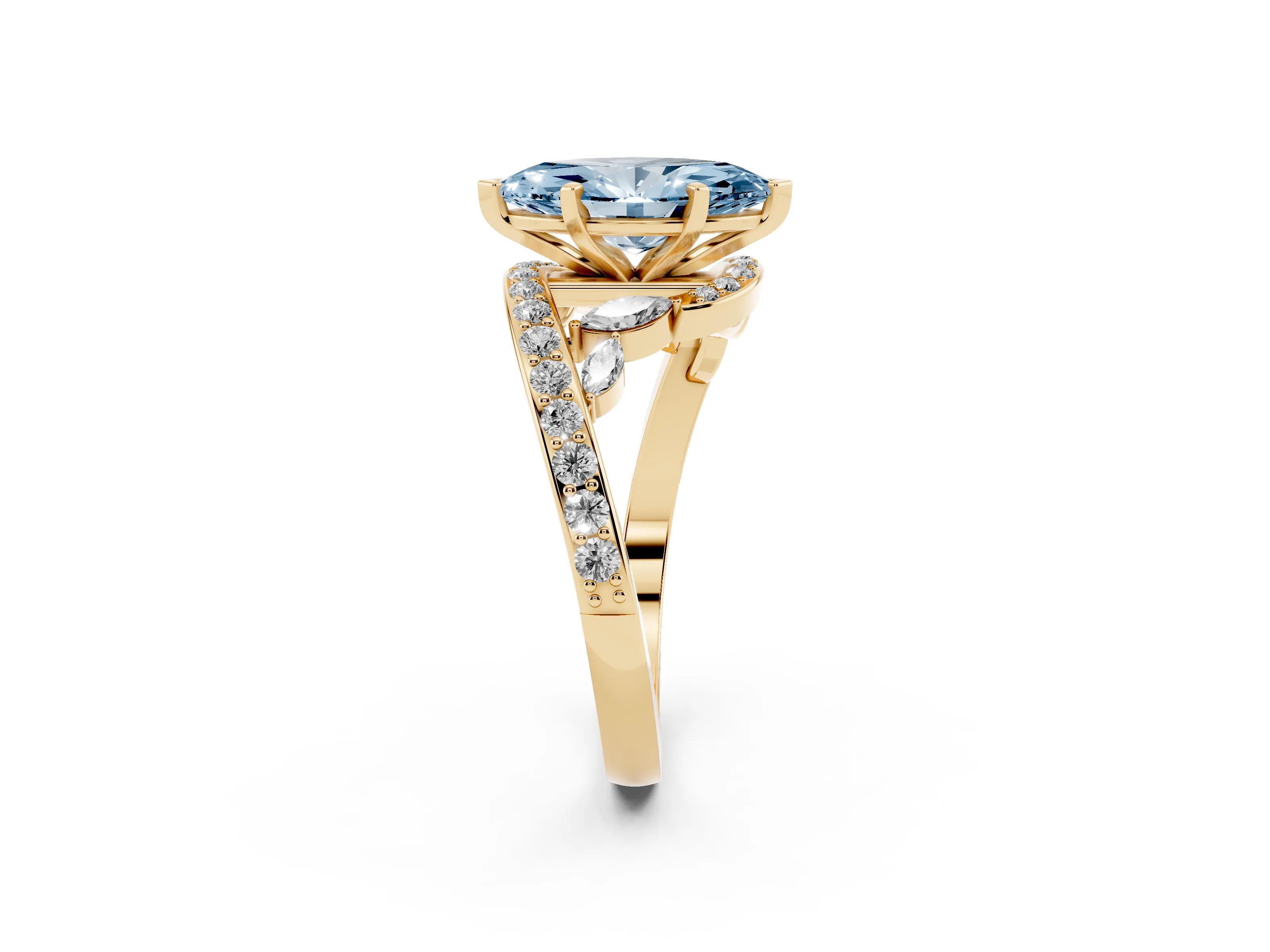 Fancy Blue Marquise Cut Diamond Solitaire Ring Set in Yellow gold with Pavé Twist Band and Secure Prong Setting