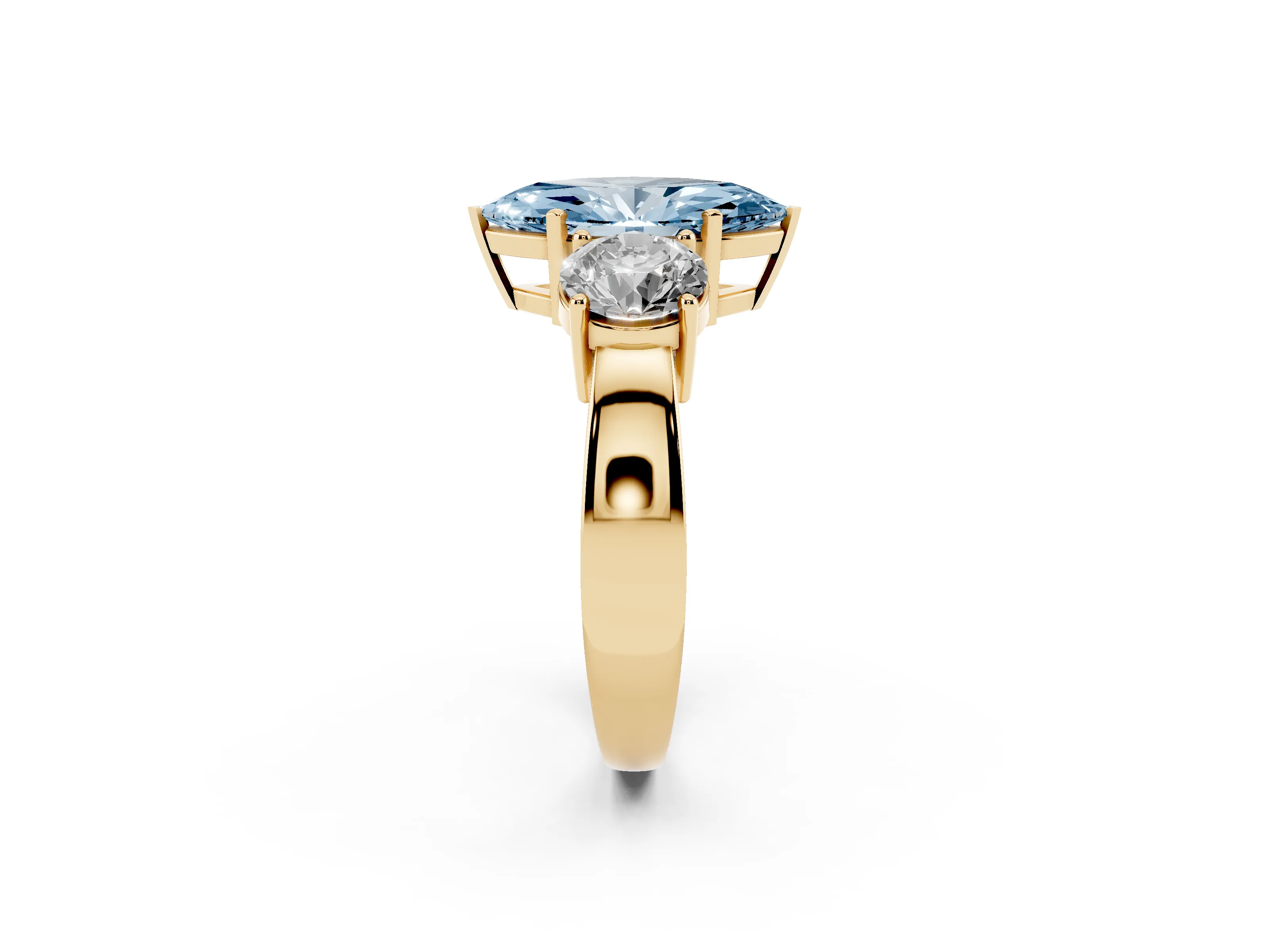 Fancy Blue Marquise Cut Diamond Three-Stone Ring Set in Yellow gold with Round Side Stones and Classic Band