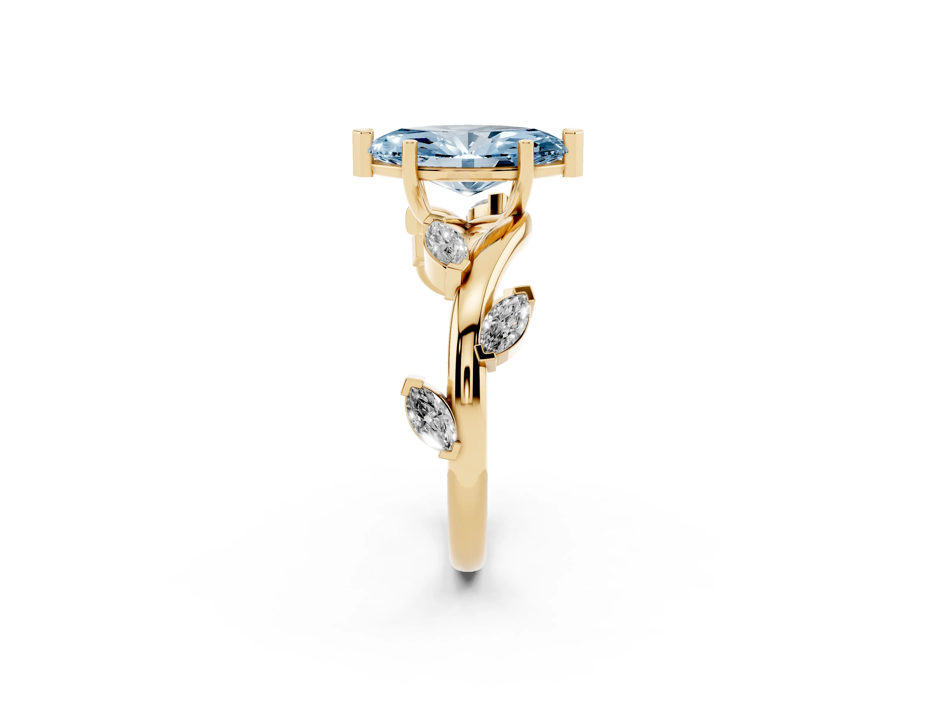 Fancy Blue Marquise Cut Diamond Solitaire Ring Set in Yellow gold with Twisted Marquise Accent Band