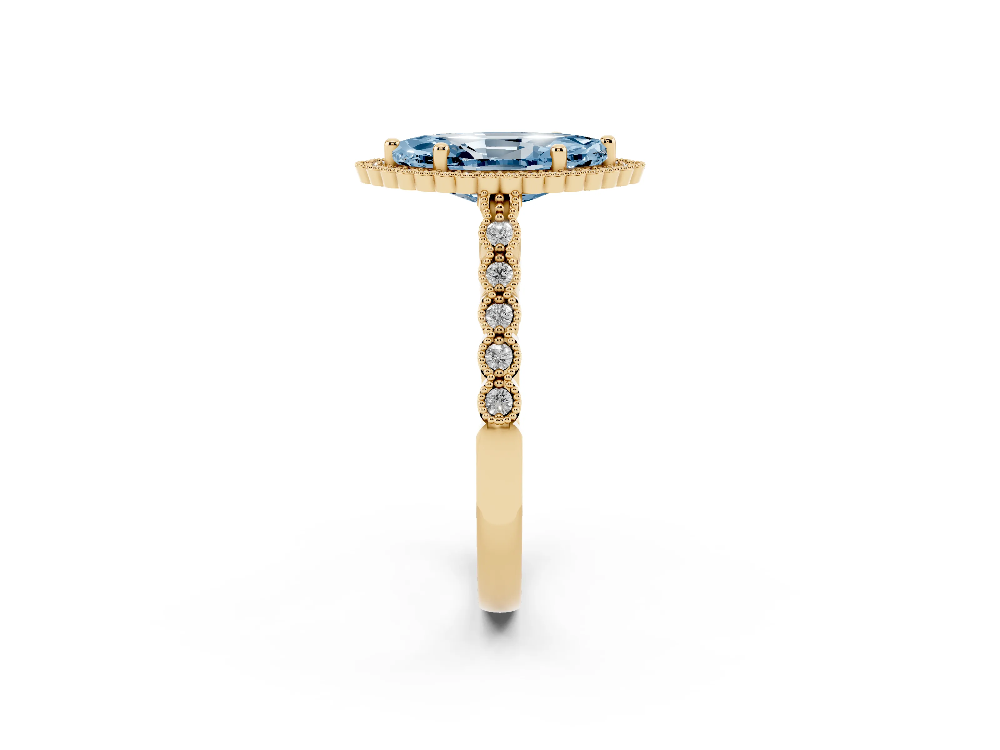 Fancy Blue Marquise Cut Diamond Halo Ring Set in Yellow gold with Pavé Milgrain Band