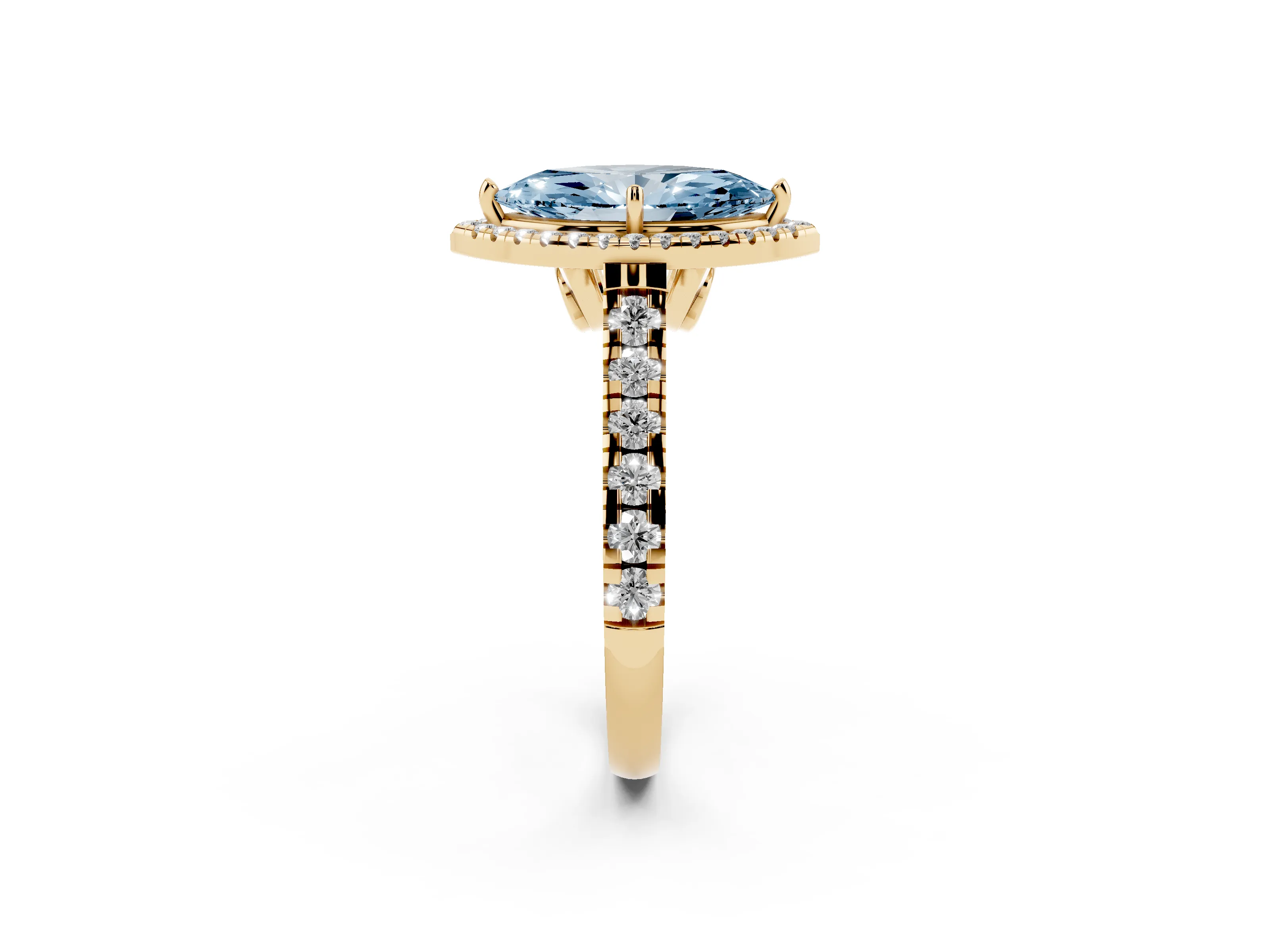 Fancy Blue Marquise Cut Diamond Halo Engagement Ring Set in Yellow gold with Pavé Band and Prong-Set Center