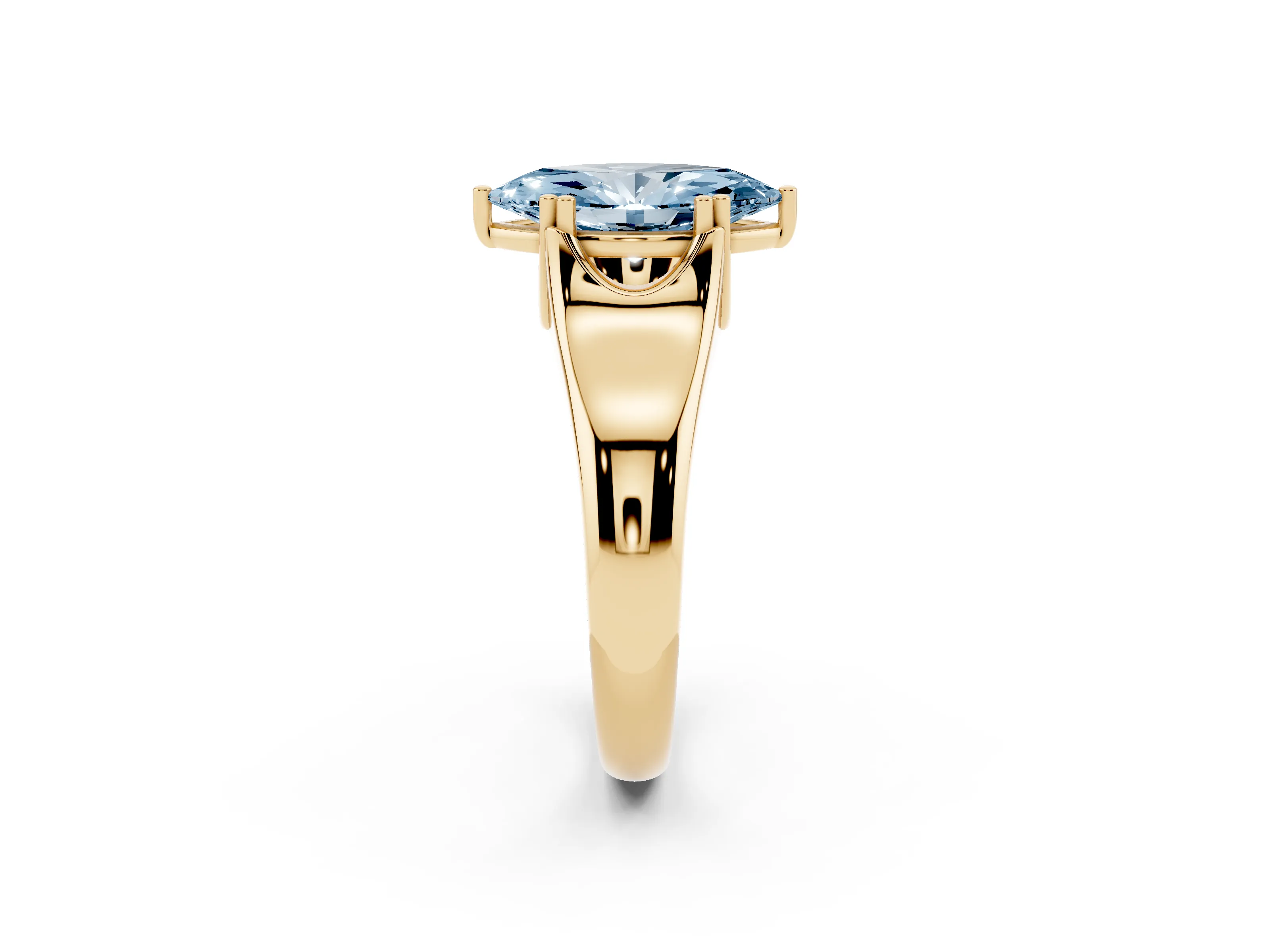 Fancy Blue Marquise Cut Diamond Solitaire Ring Set in Yellow gold with Wide Band and Prong Setting