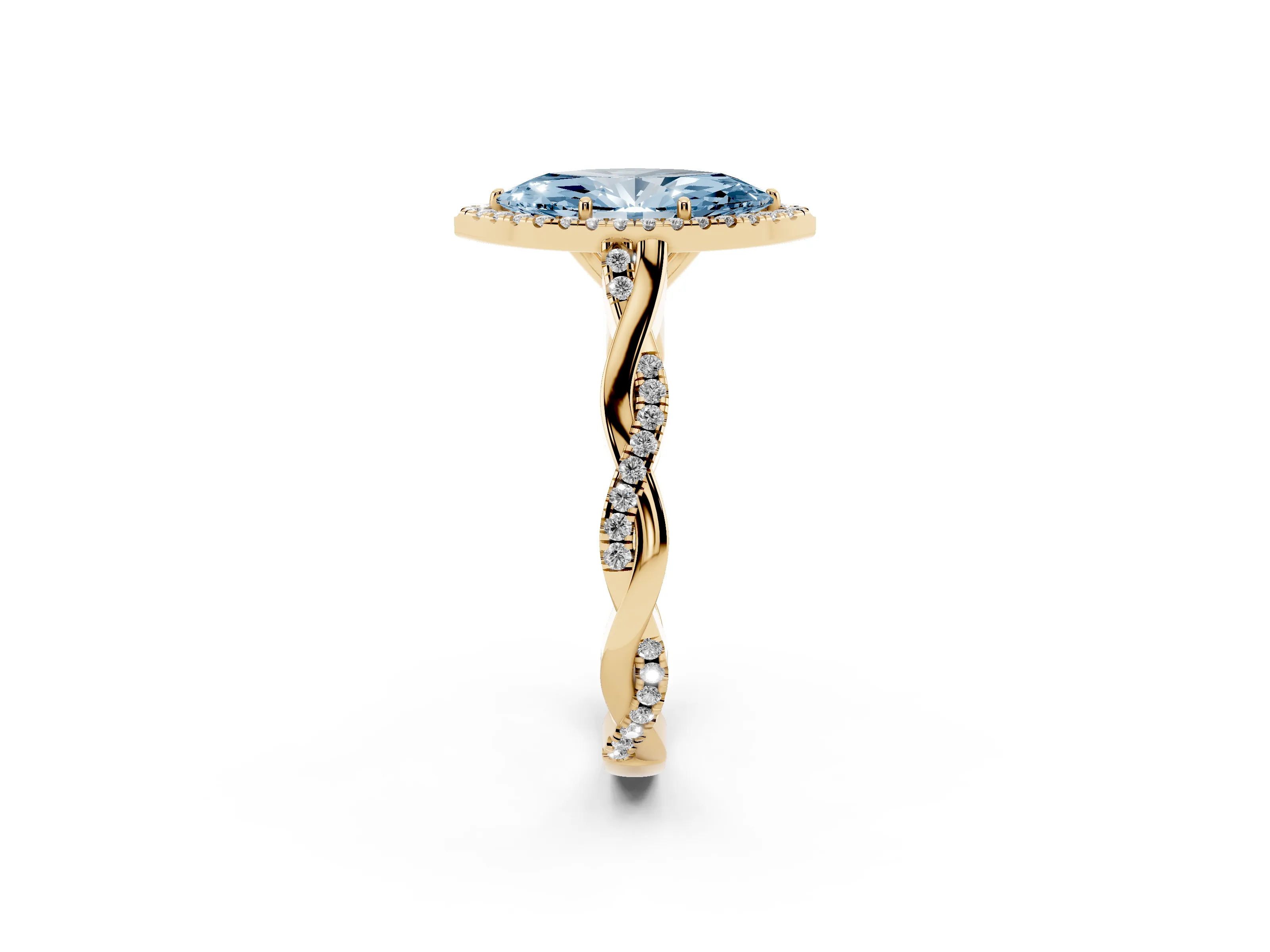 Fancy Blue Marquise Cut Diamond Halo Twist Band Solitaire Ring Set in Yellow gold with Prong Setting
