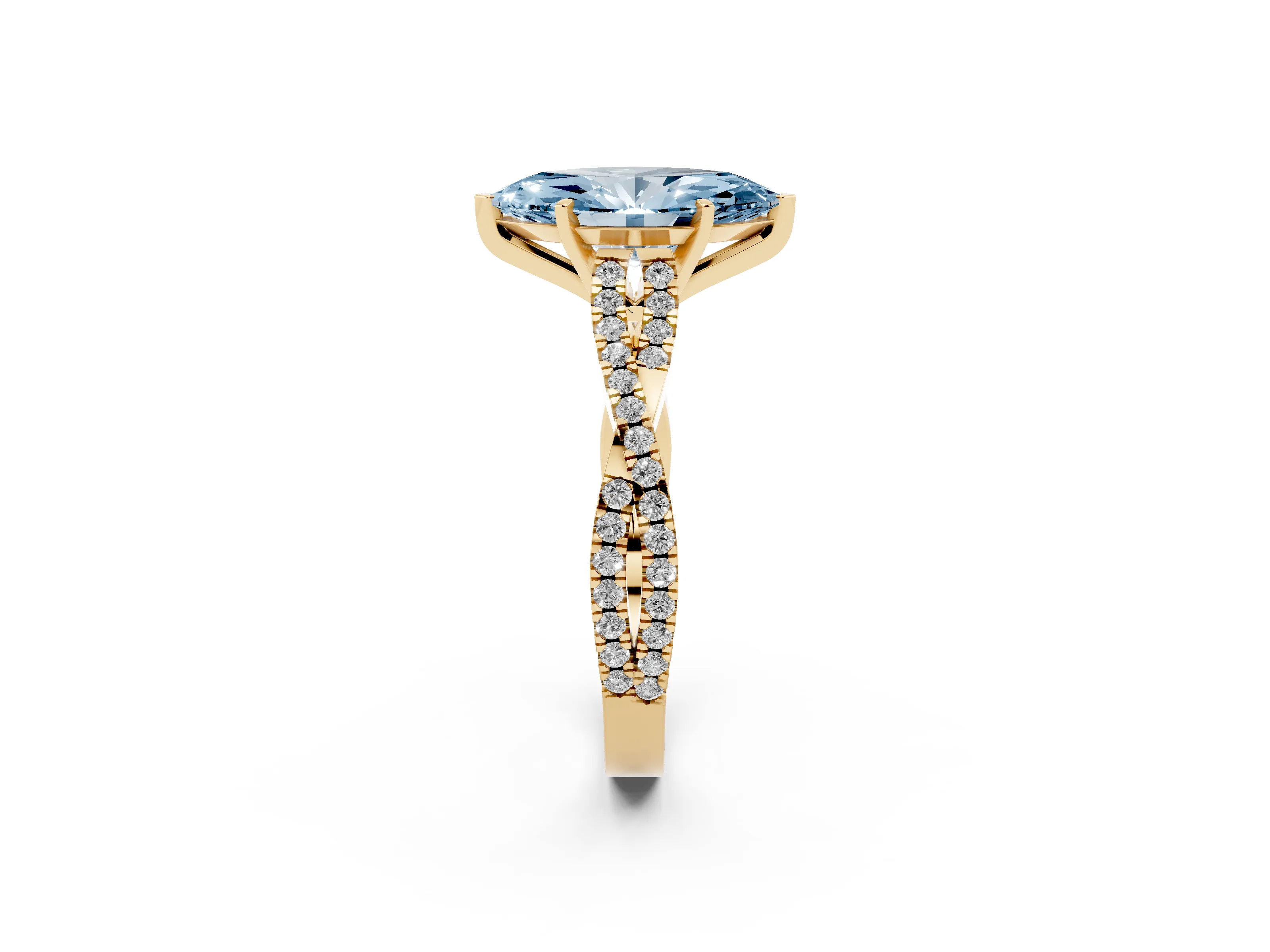 Fancy Blue Marquise Cut Diamond Solitaire Engagement Ring Set in Yellow gold with Twisted Pavé Band and Prong Setting