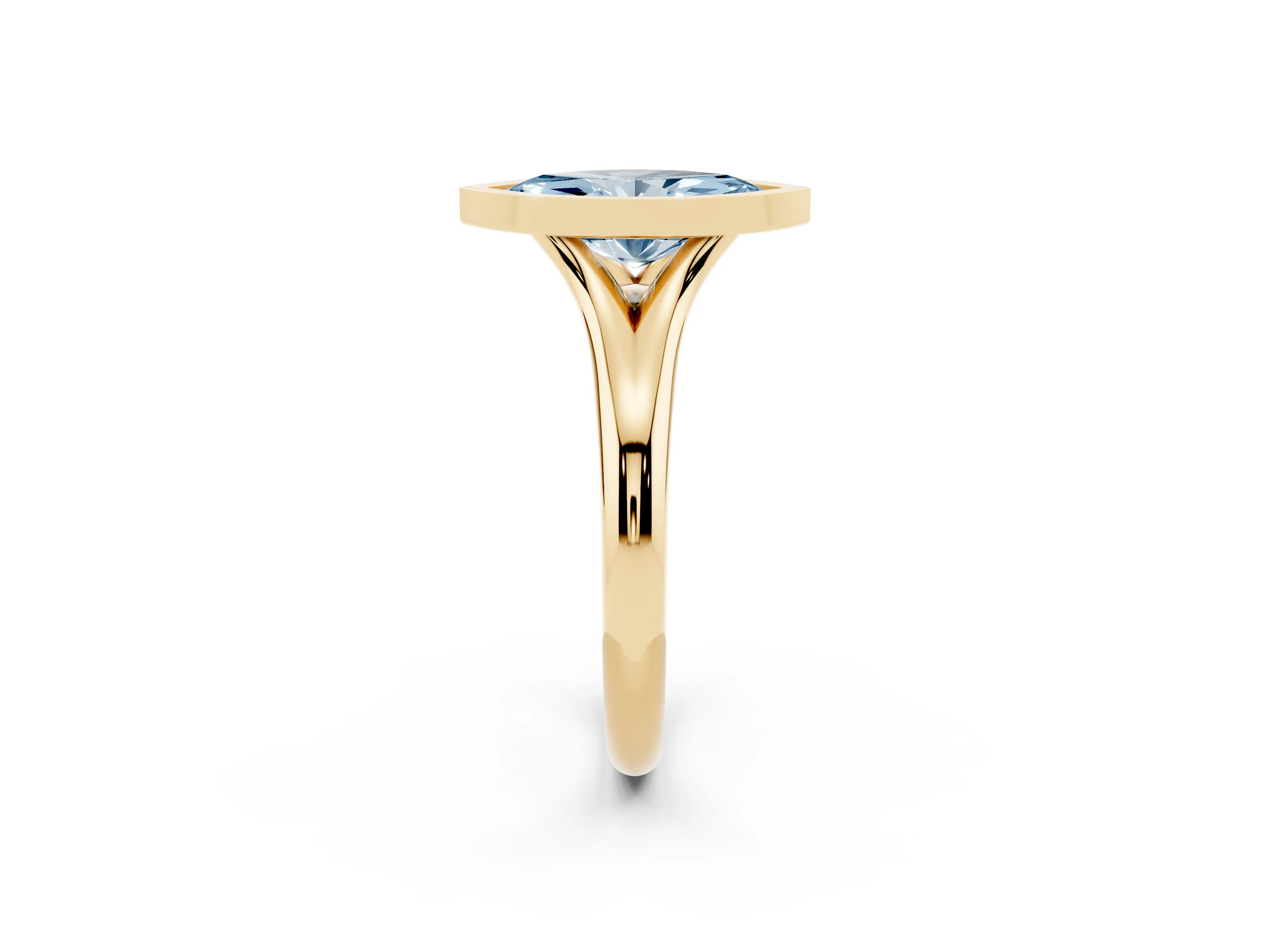 Fancy Blue Bezel Set Marquise Cut Diamond Solitaire Ring Set in Yellow gold with Smooth Band