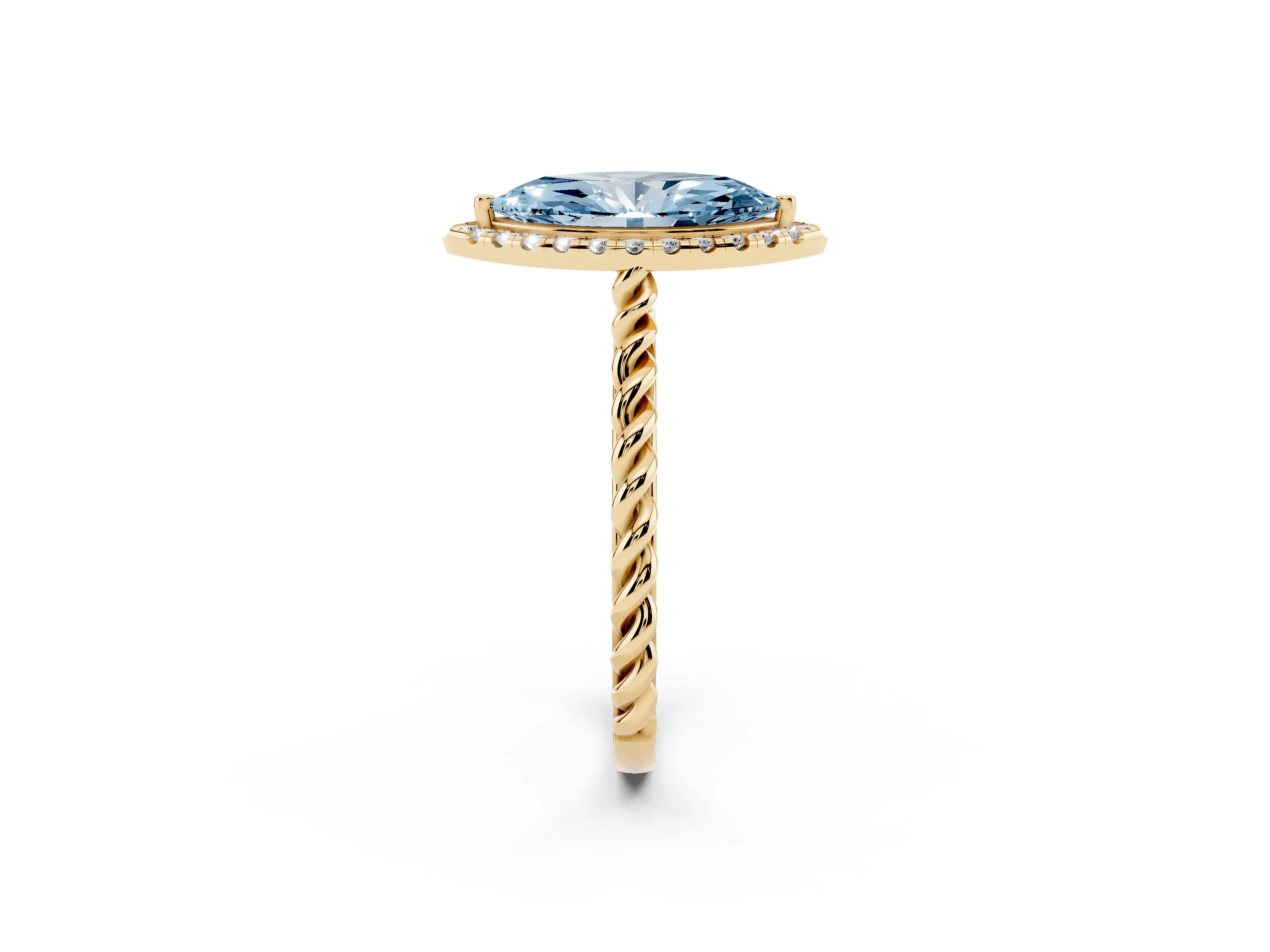 Fancy Blue Marquise Cut Diamond Halo Ring Set in Yellow gold with Plain Twisted Band