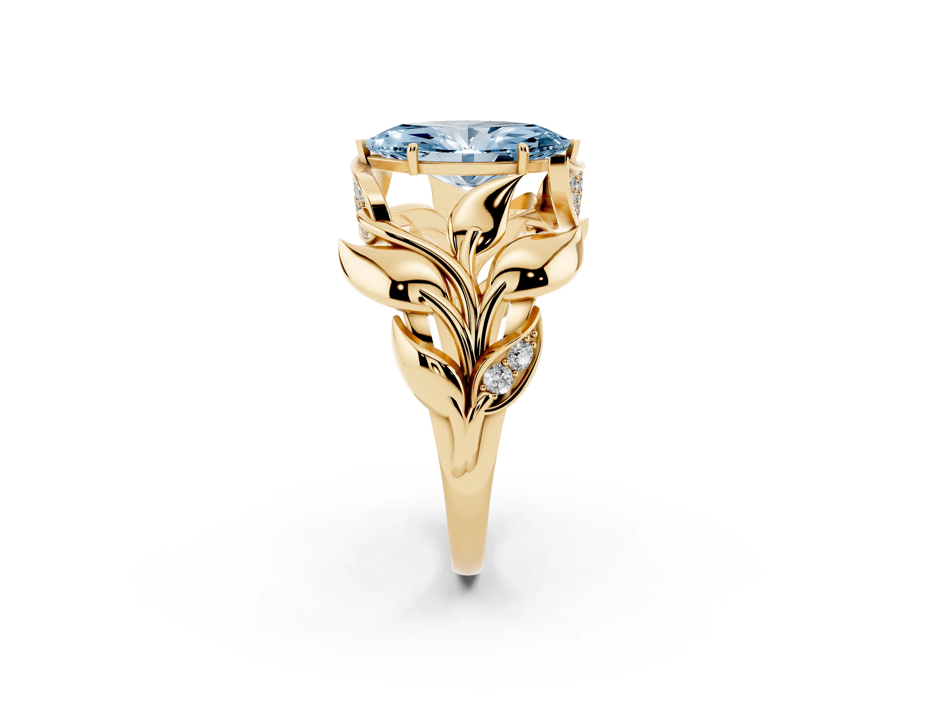 Fancy Blue Marquise Cut Diamond Leaf-Inspired Engagement Ring Set in Yellow gold with Round Accents