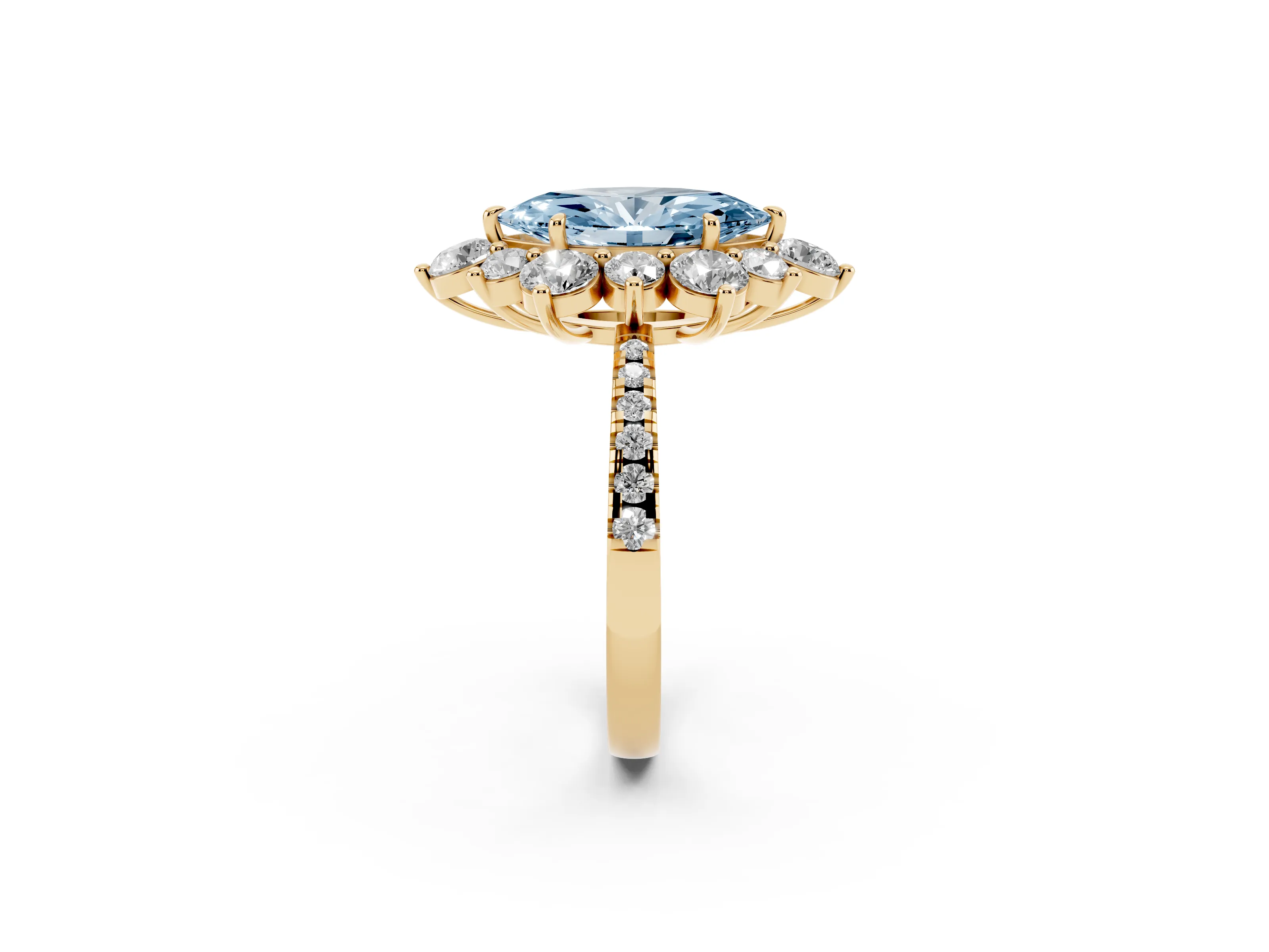 Fancy Blue Marquise Cut Diamond Floral Halo Ring Set in Yellow gold with Round Pavé Band and Prong Setting