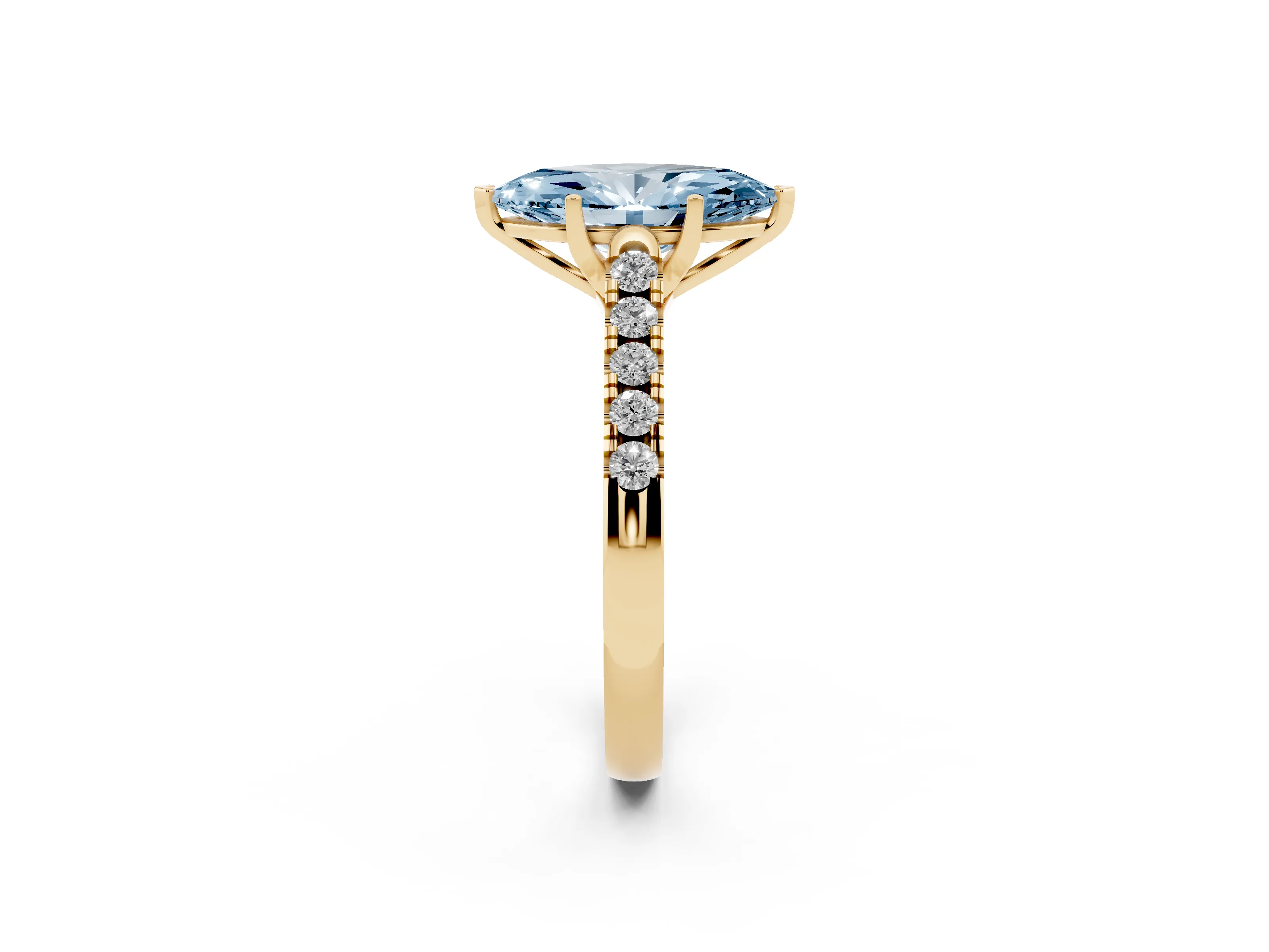 Fancy Blue Marquise Cut Diamond Pavé Band Solitaire Ring Set in Yellow gold with Partway Accent Stones and Prong Setting