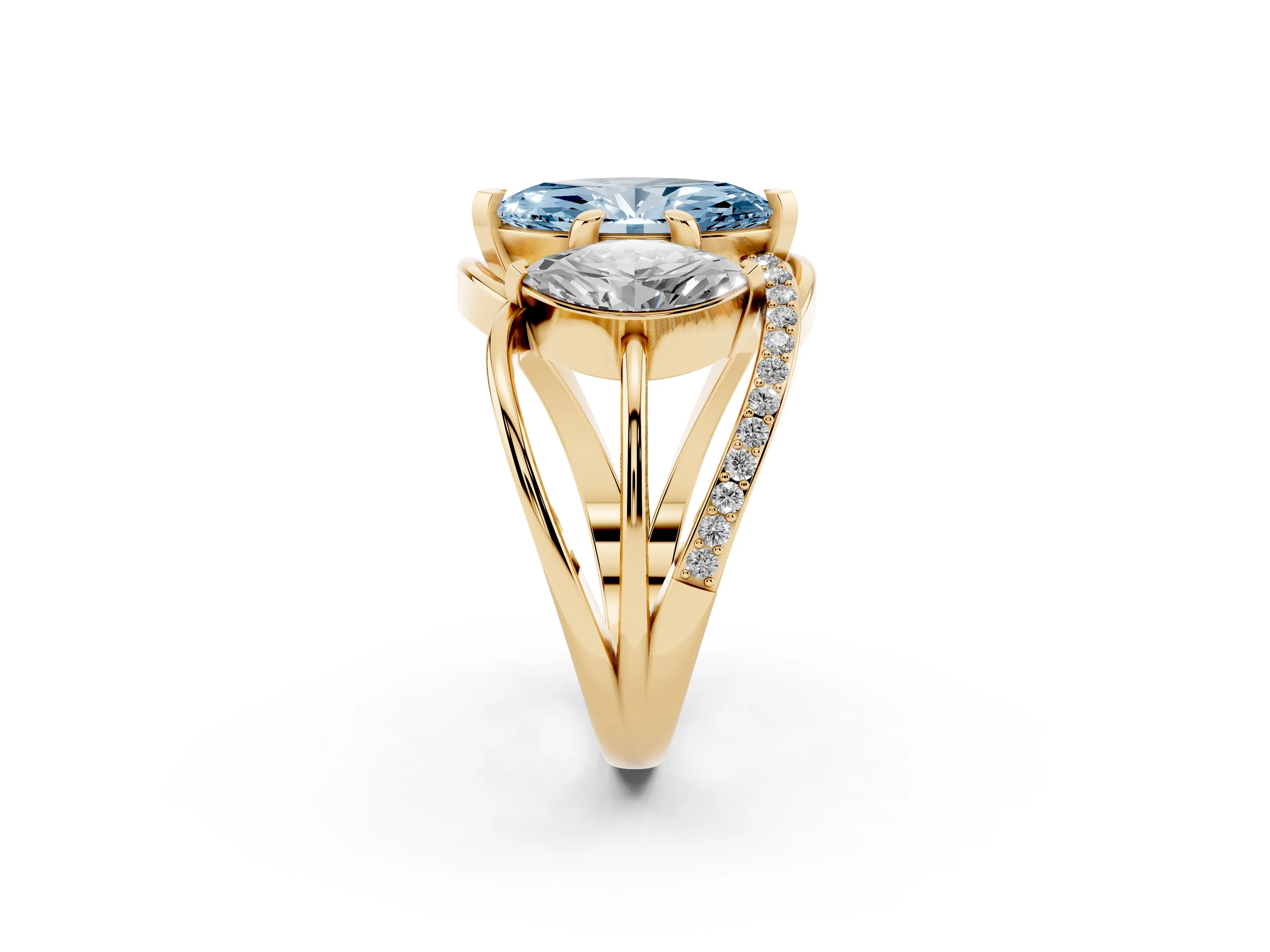 Fancy Blue Marquise Cut Diamond Three-Stone Ring Set in Yellow gold with Split Shank and Prong Setting