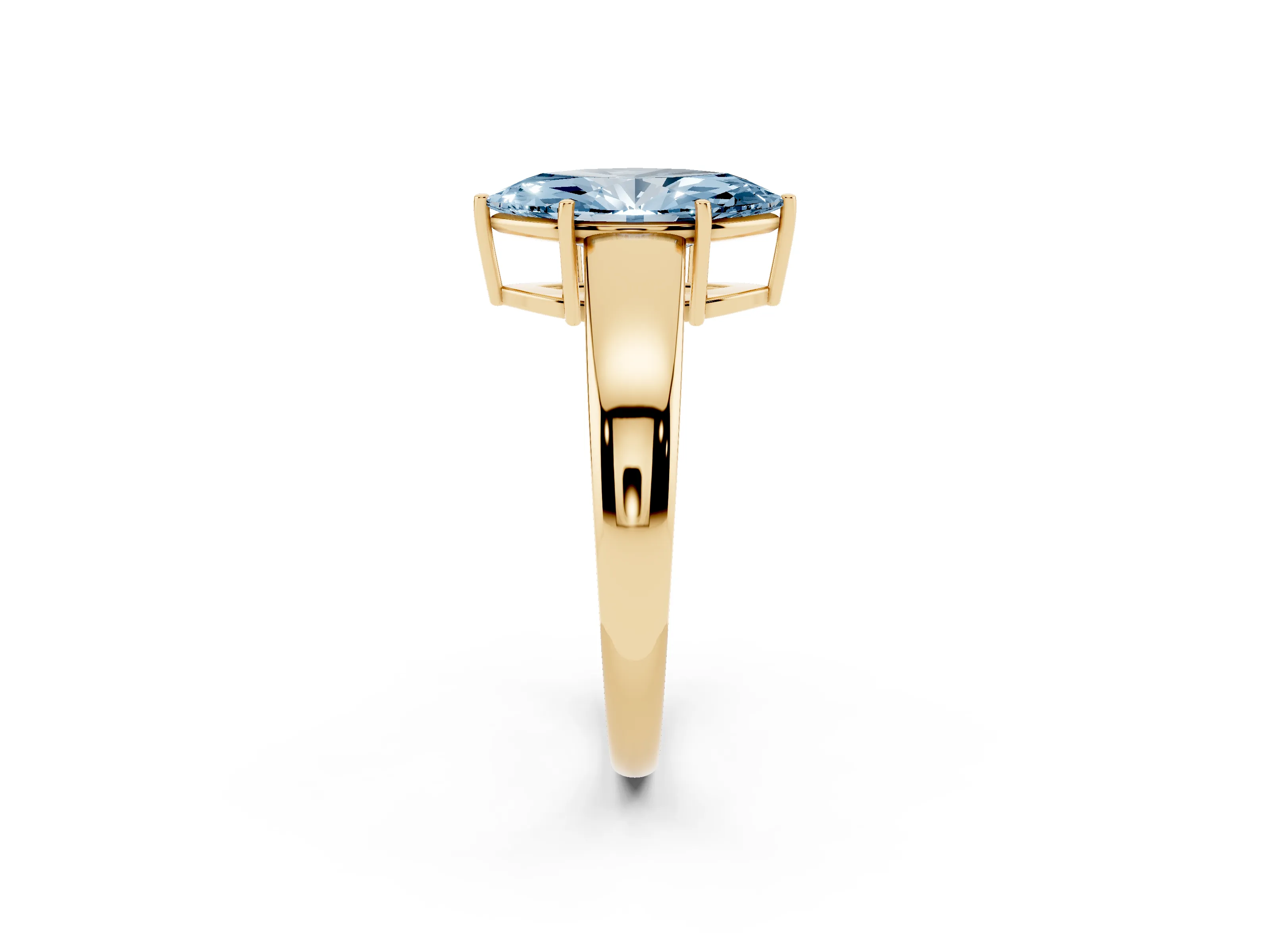 Fancy Blue Marquise Cut Diamond Solitaire Ring Set in Yellow gold with Tapered Band and Prong Setting