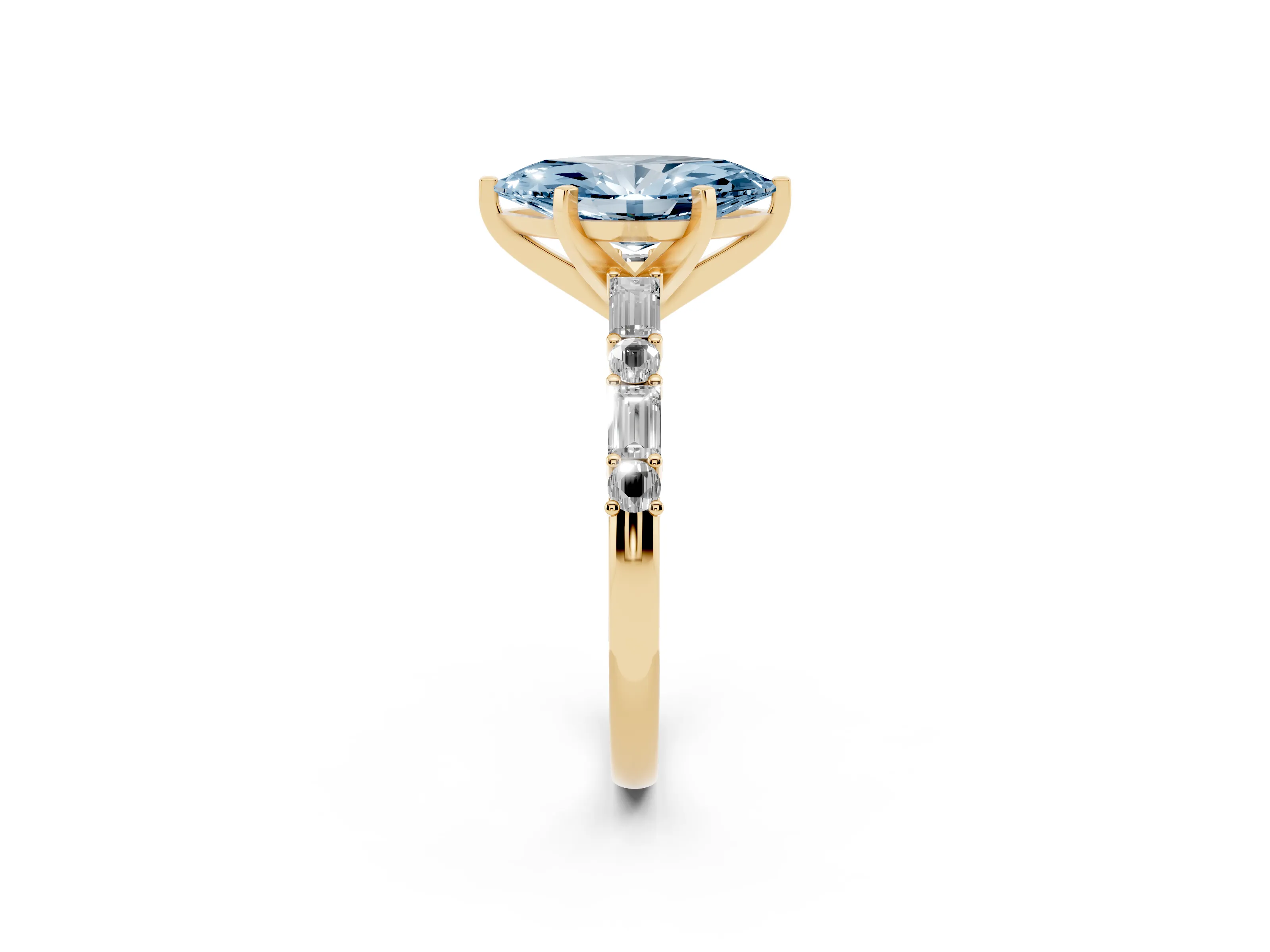 Fancy Blue Marquise Cut Diamond Solitaire Set in Yellow gold with Side Baguettes and Channel Set Band