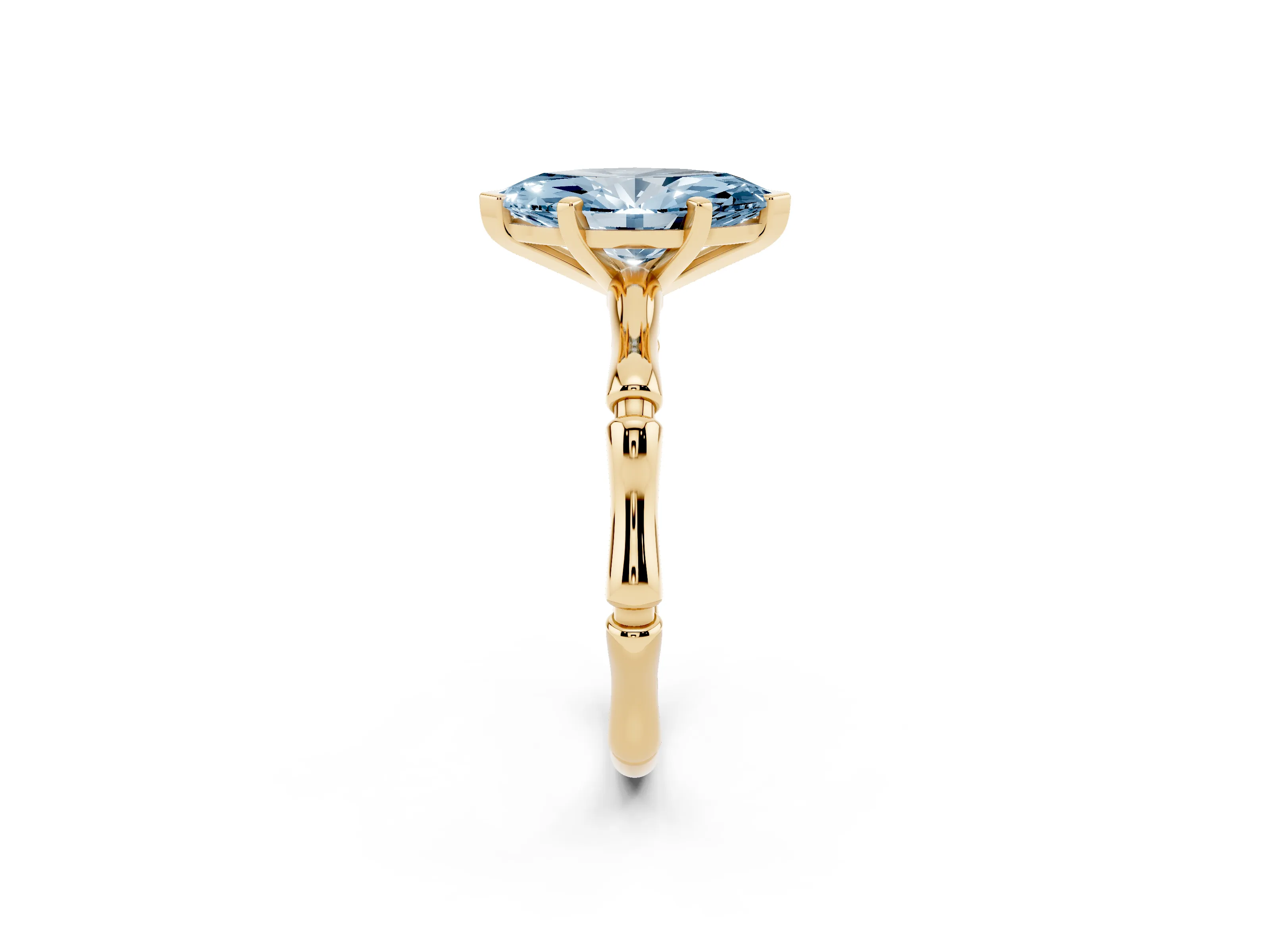 Fancy Blue Marquise Cut Diamond Solitaire Ring Set in Yellow gold with Bamboo Band and Prong Setting