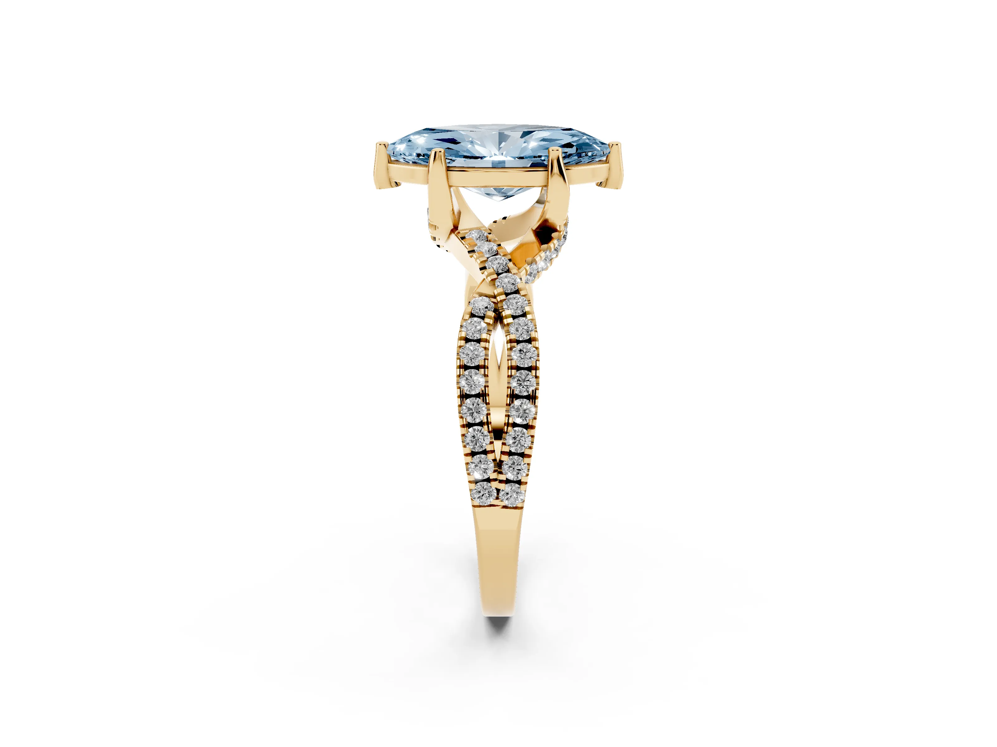 Fancy Blue Marquise Cut Diamond Twist Pavé Solitaire Engagement Ring Set in Yellow gold with Prong Setting