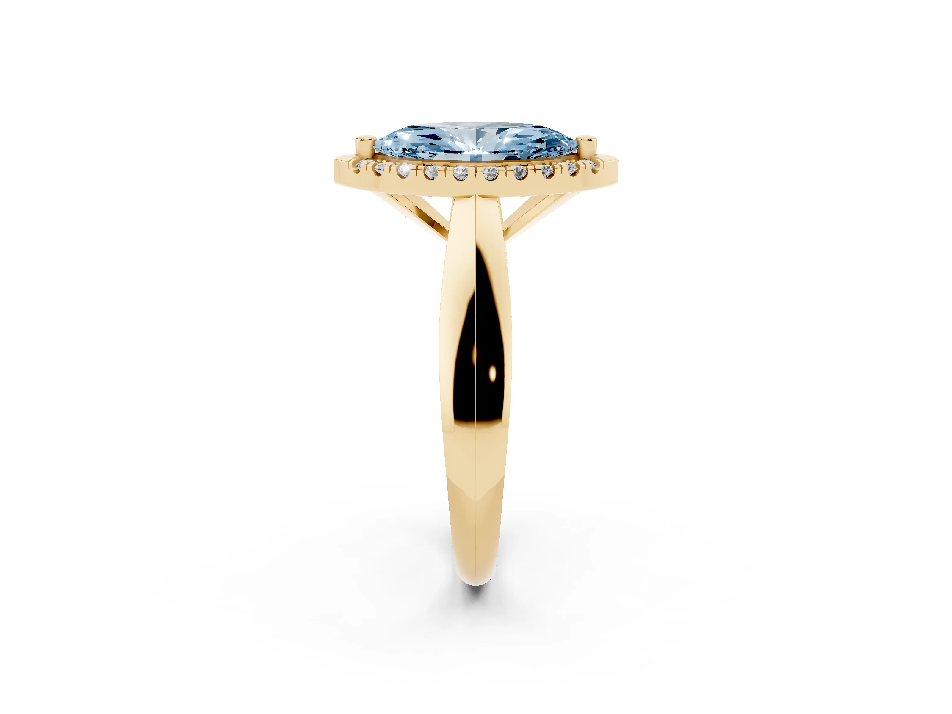 Fancy Blue Marquise Cut Diamond Halo Solitaire Engagement Ring Set in Yellow gold with Square Band and Prong Setting