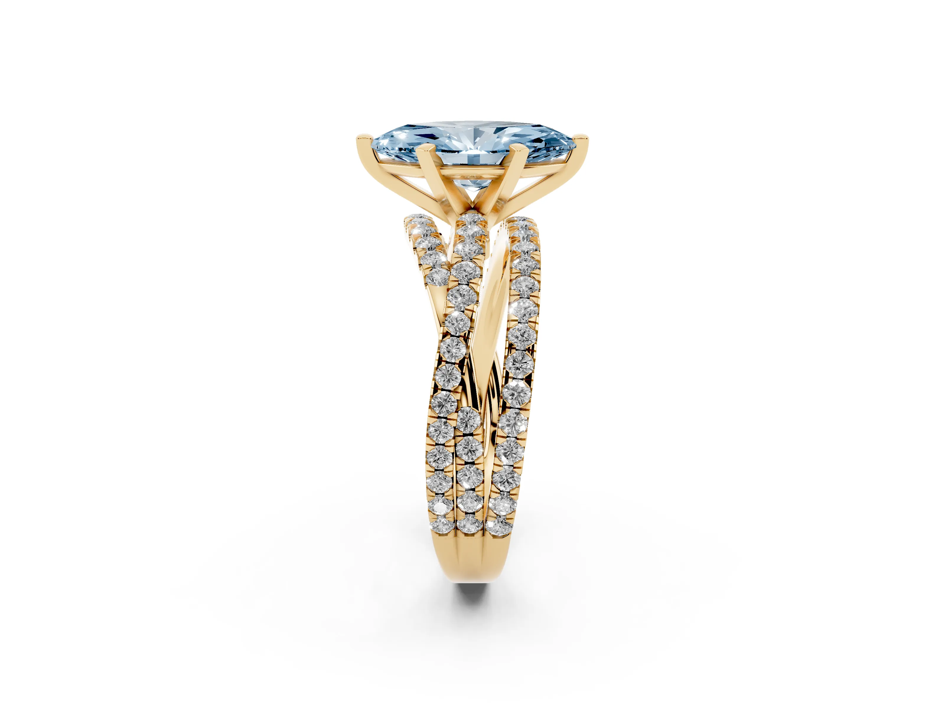 Fancy Blue Marquise Cut Diamond Solitaire Twist Band Ring Set in Yellow gold with Pavé Setting and Prong Head