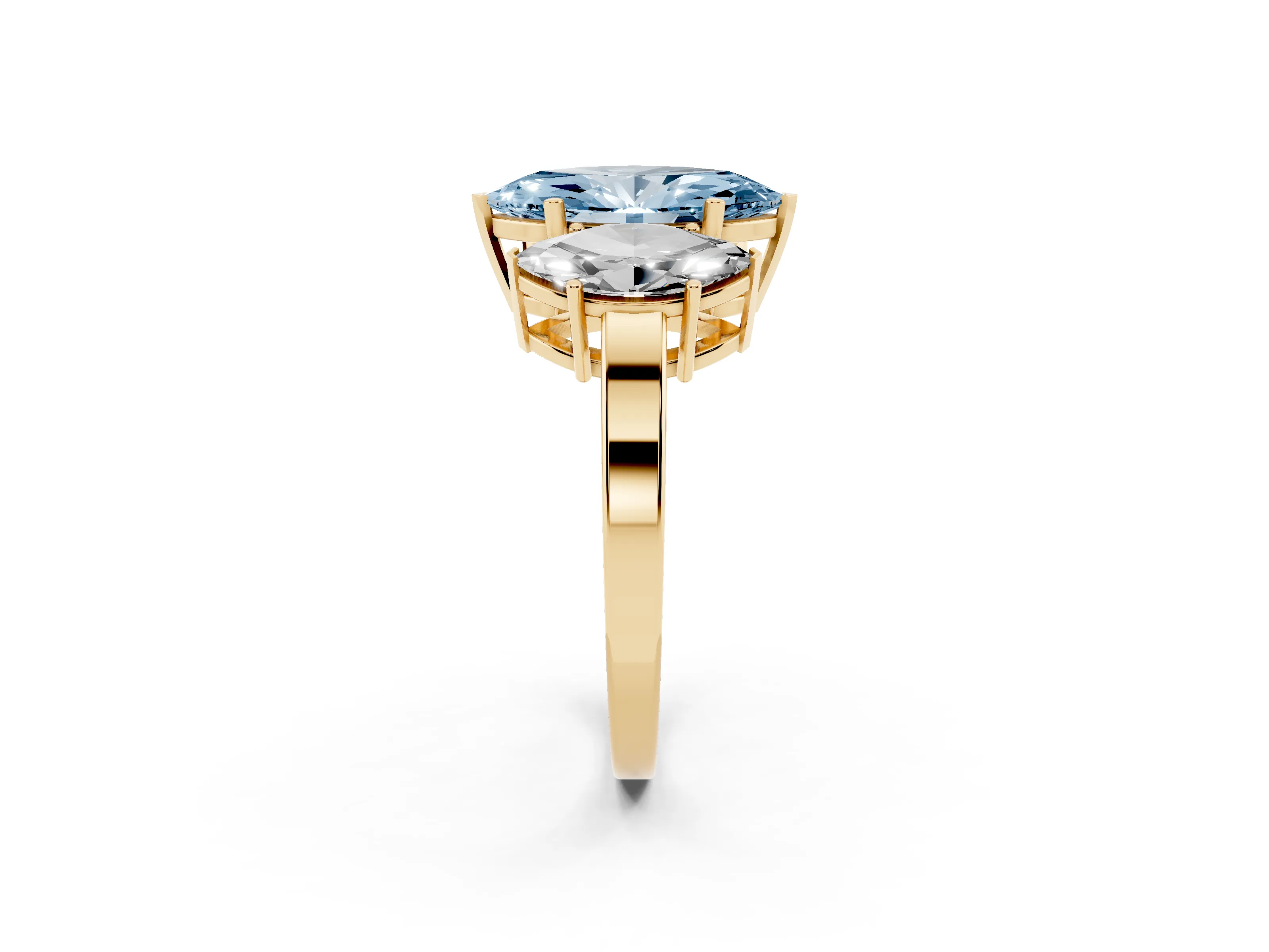 Fancy Blue Marquise Cut Diamond Three-Stone Engagement Ring Set in Yellow gold with Flat Band