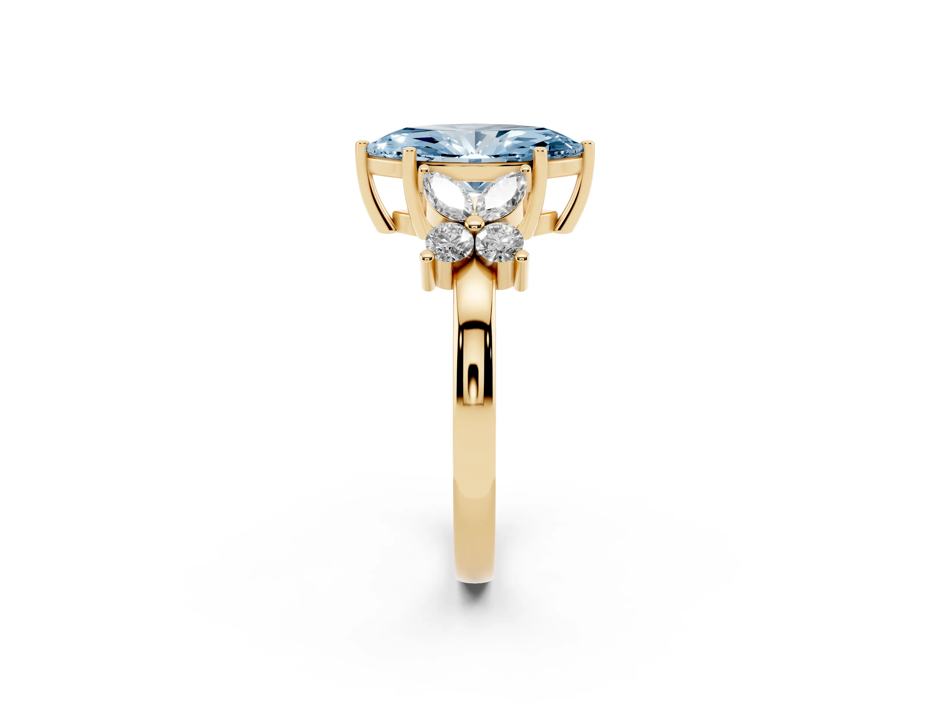Fancy Blue Marquise Cut Diamond Floral Cluster Ring Set in Yellow gold with Marquise Petals and Prong Setting