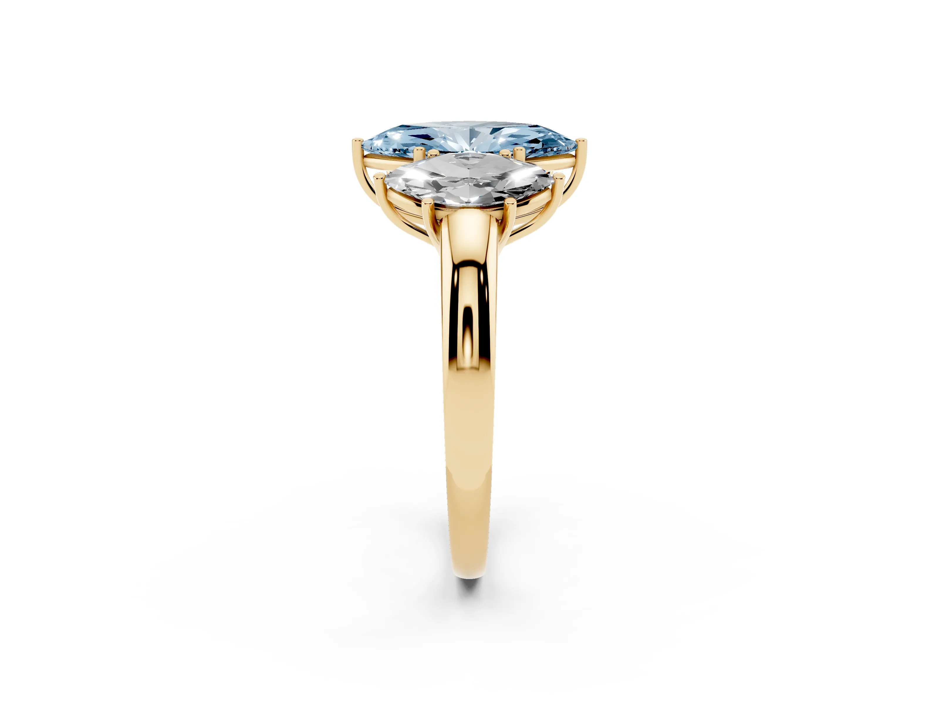 Fancy Blue Marquise Cut Diamond Three-Stone Ring Set in Yellow gold with Bold Center and Classic Band