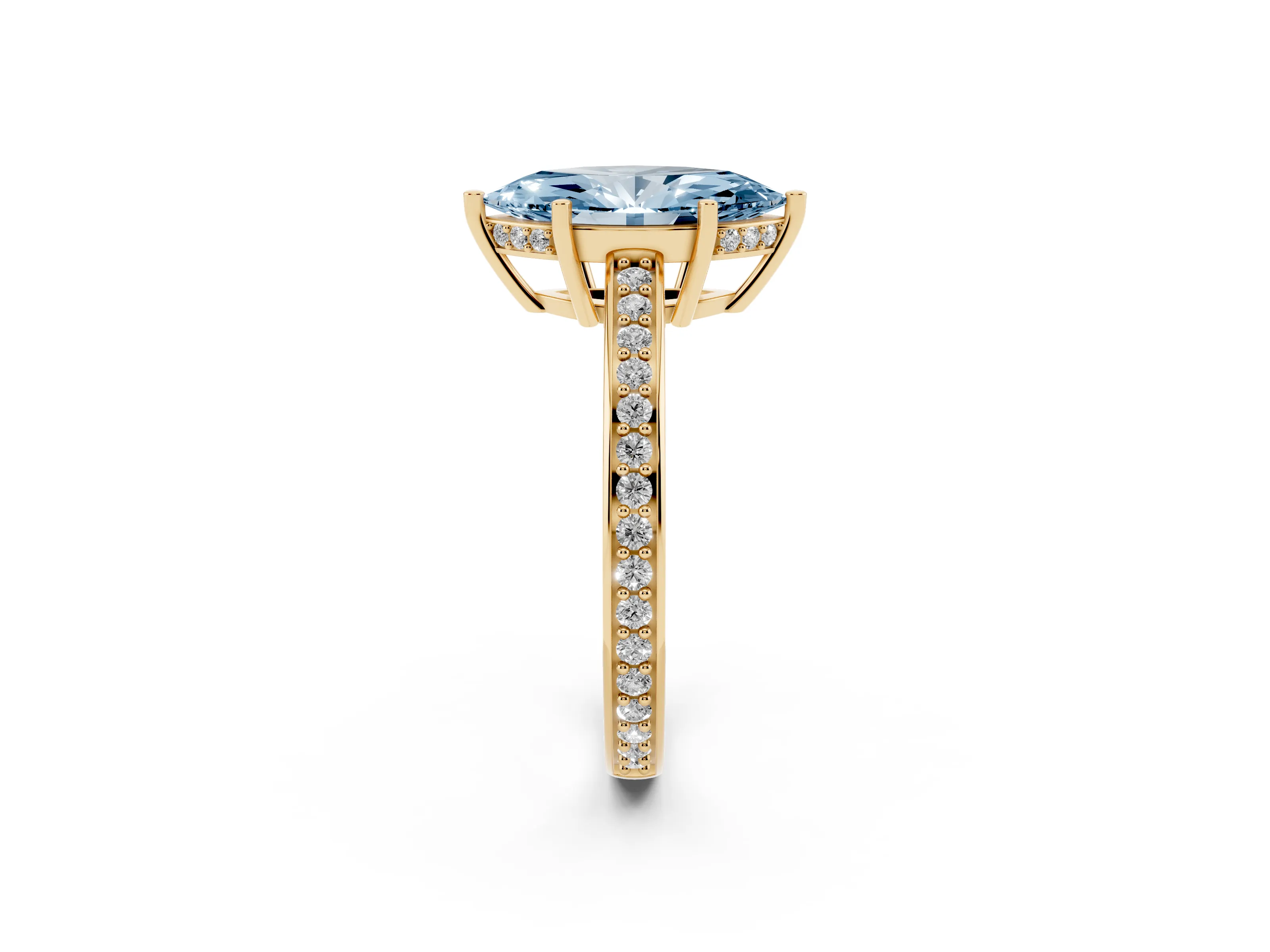 Fancy Blue Marquise Cut Diamond Pavé Band Prong Set Solitaire Ring Set in Yellow gold
