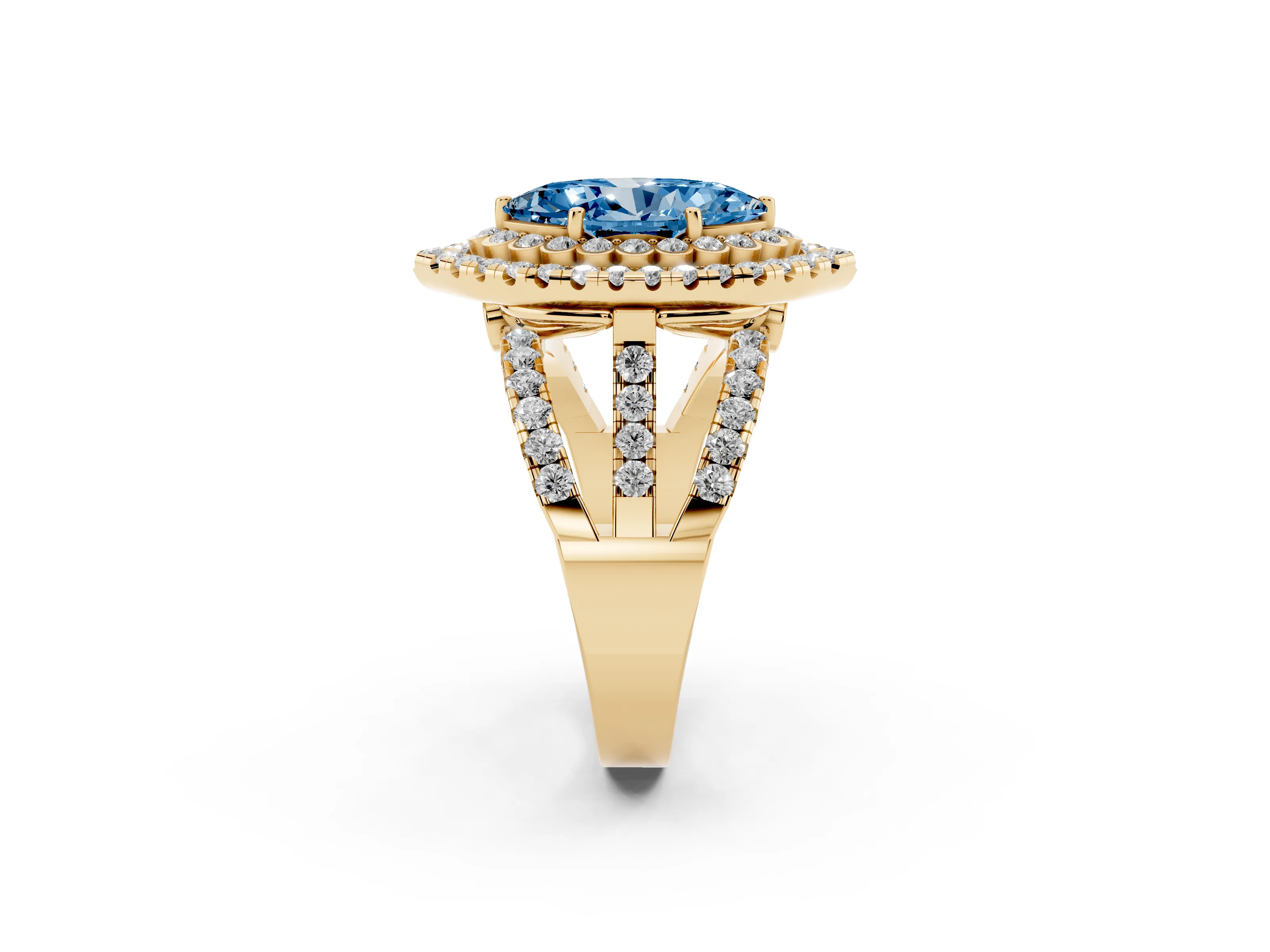 Fancy Blue Marquise Cut Diamond Double Halo Ring Set in Yellow gold with Round Pavé Split Shank