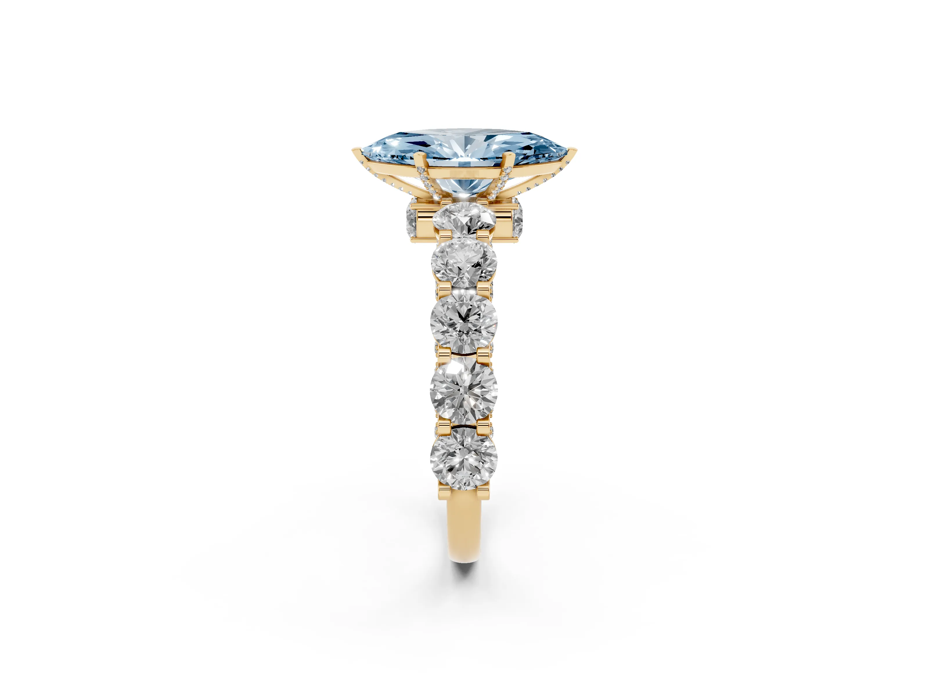 Fancy Blue Marquise Cut Diamond Side Stone Ring Set in Yellow gold with Alternating Round and Oval Side Stones