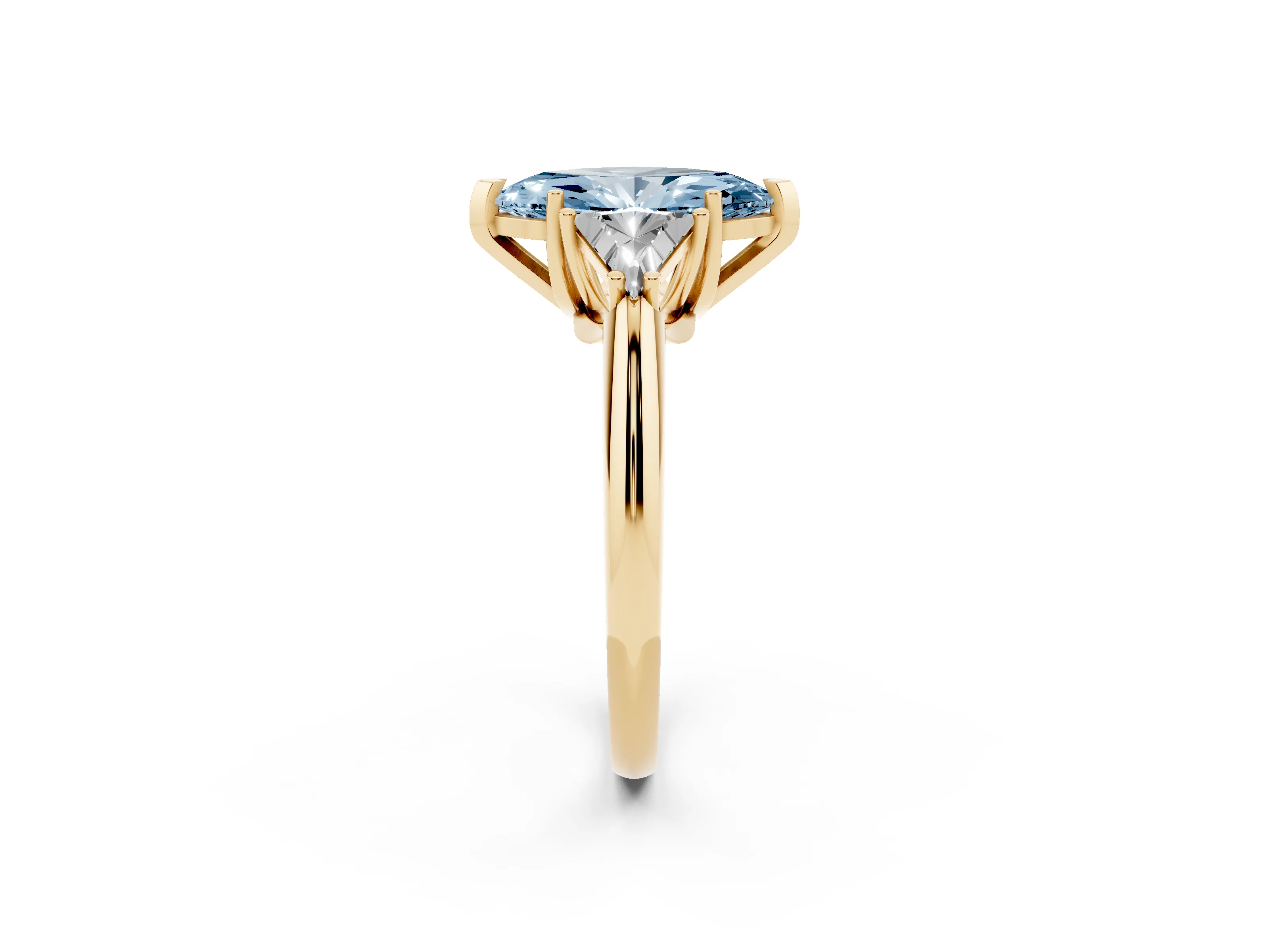Fancy Blue Marquise Cut Diamond Three-Stone Engagement Ring Set in Yellow gold with Trillion Side Stones