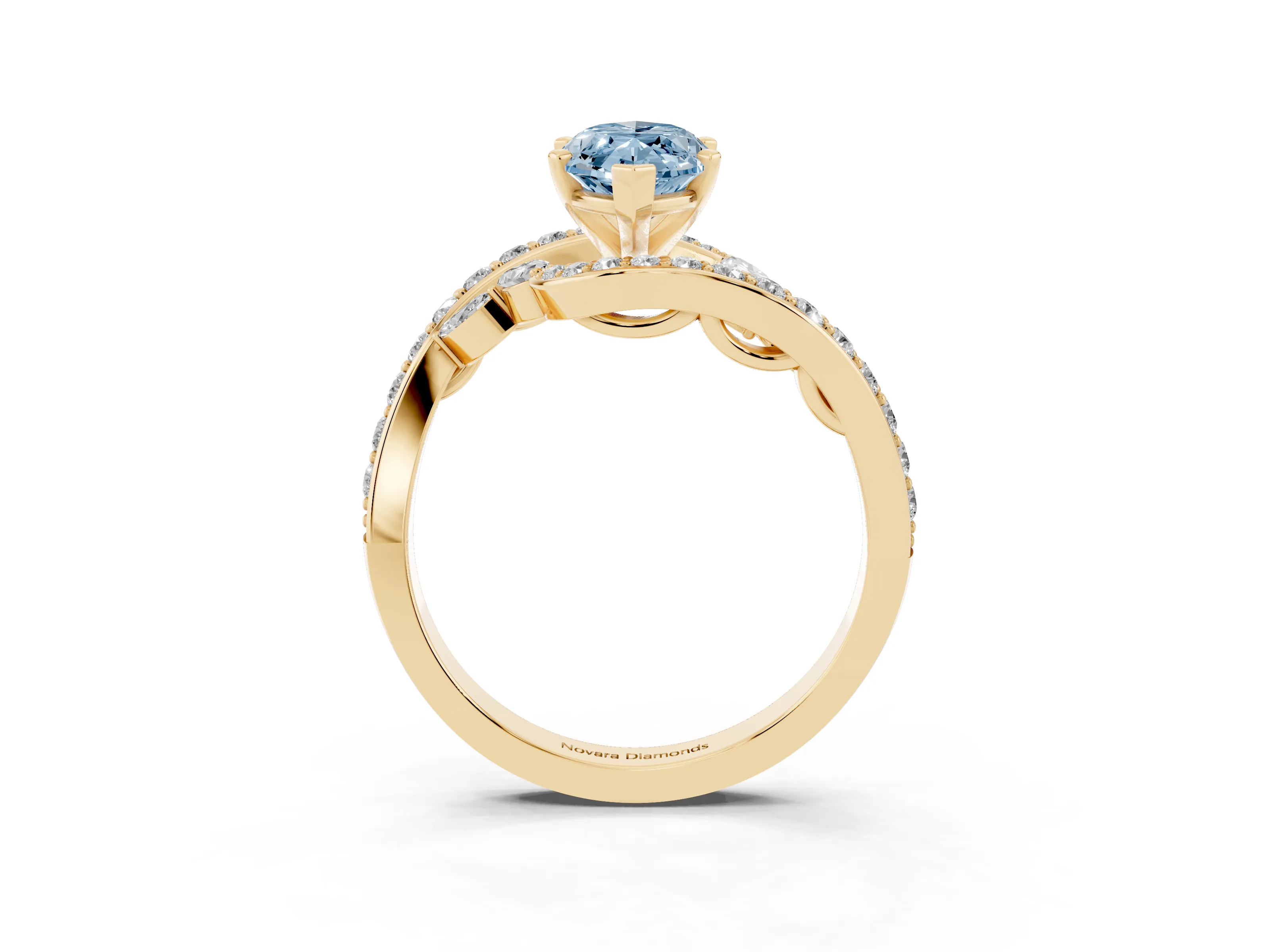 Fancy Blue Marquise Cut Diamond Solitaire Ring Set in Yellow gold with Pavé Twist Band and Secure Prong Setting