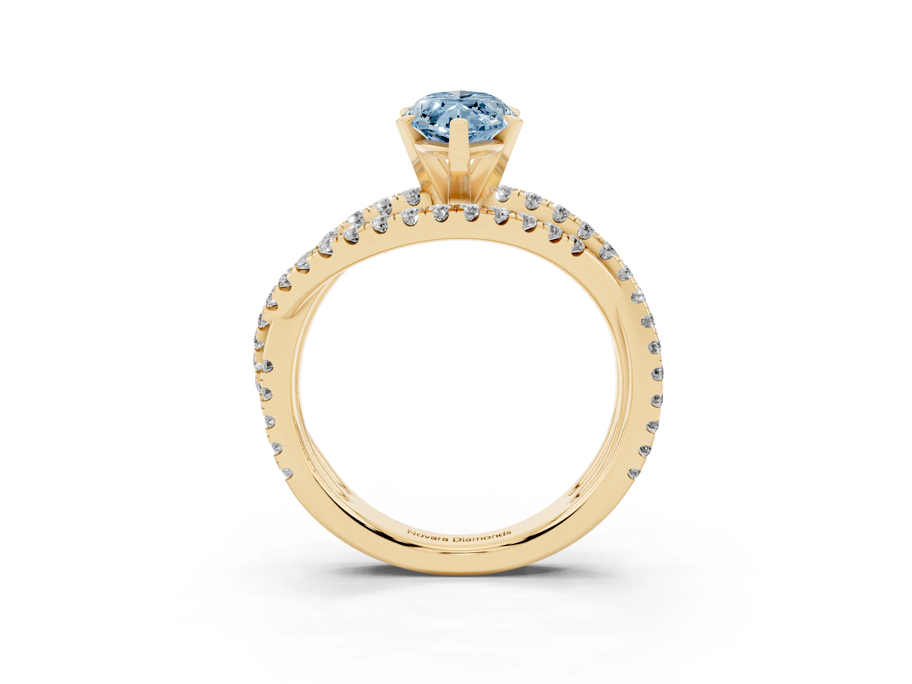 Fancy Blue Marquise Cut Diamond Solitaire Twist Band Ring Set in Yellow gold with Pavé Setting and Prong Head