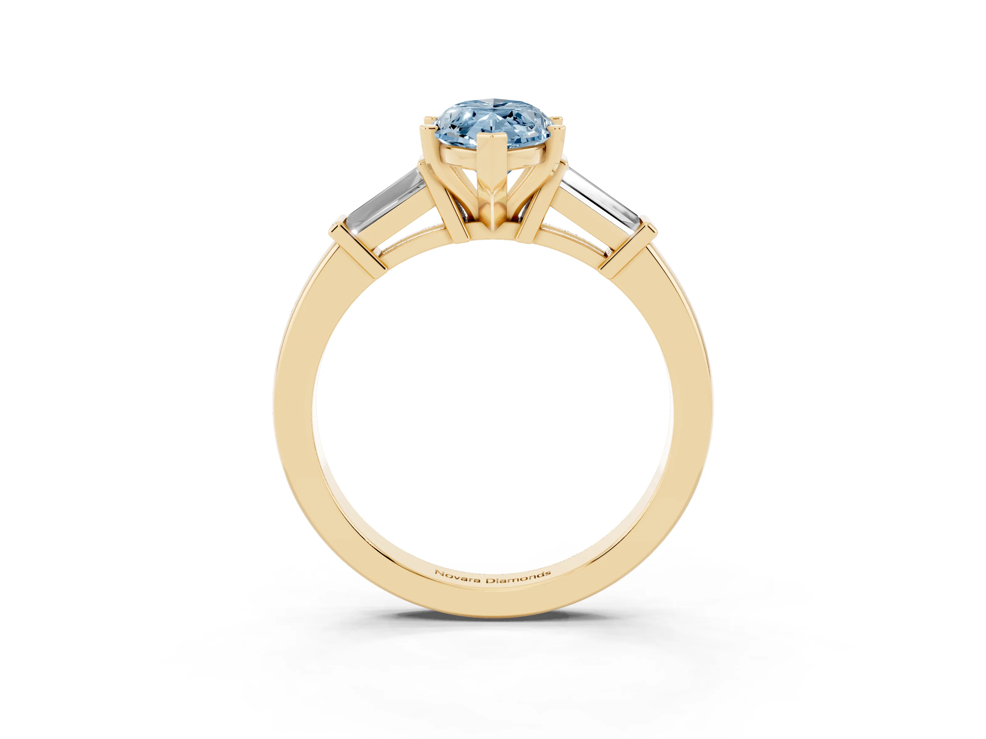 Fancy Blue Marquise Cut Diamond Solitaire Ring Set in Yellow gold with Tapered Baguette Accents and Prong Setting