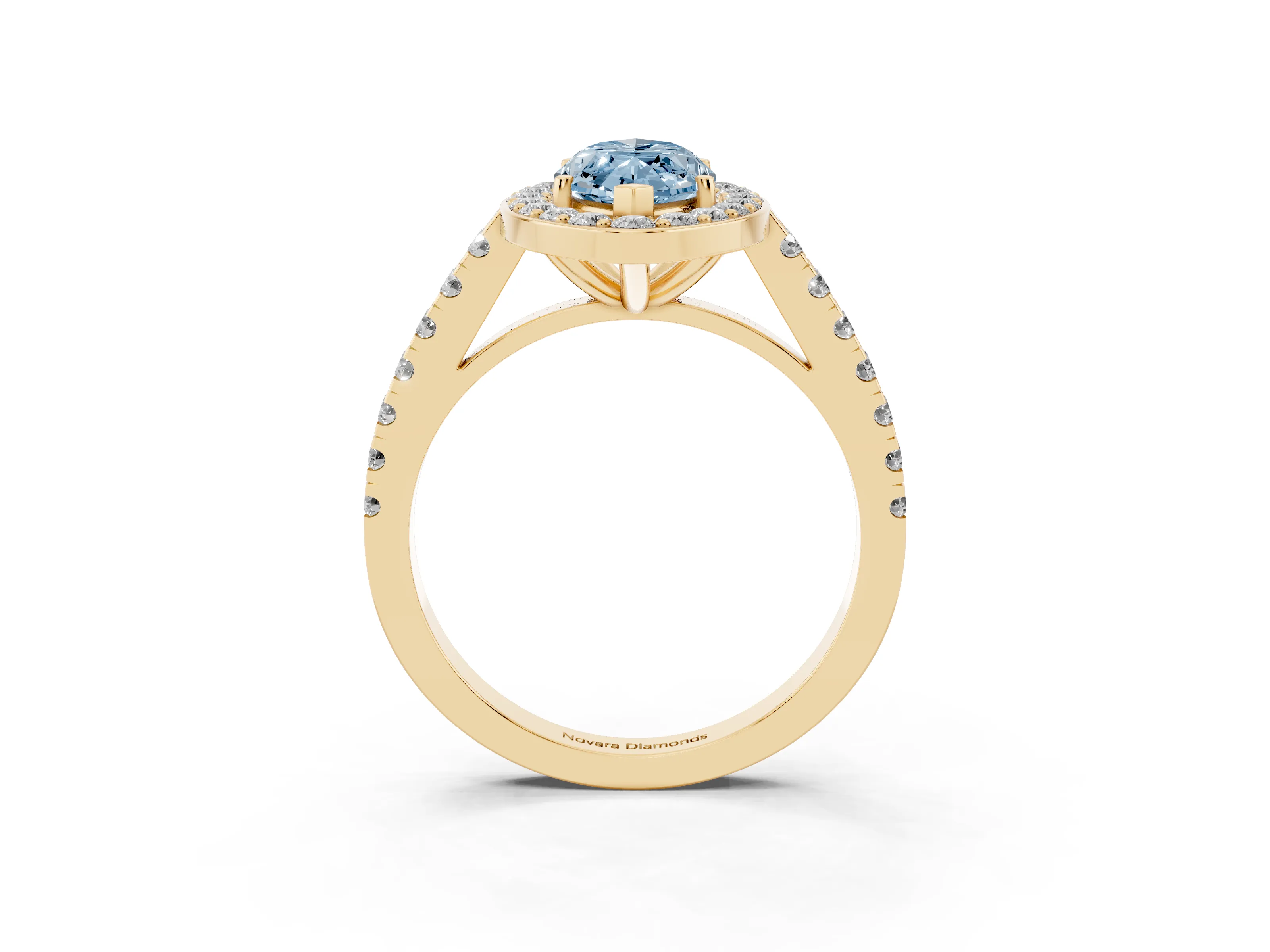 Fancy Blue Marquise Cut Diamond Halo Ring Set in Yellow gold with Round Pavé Split Shank and Prong Setting