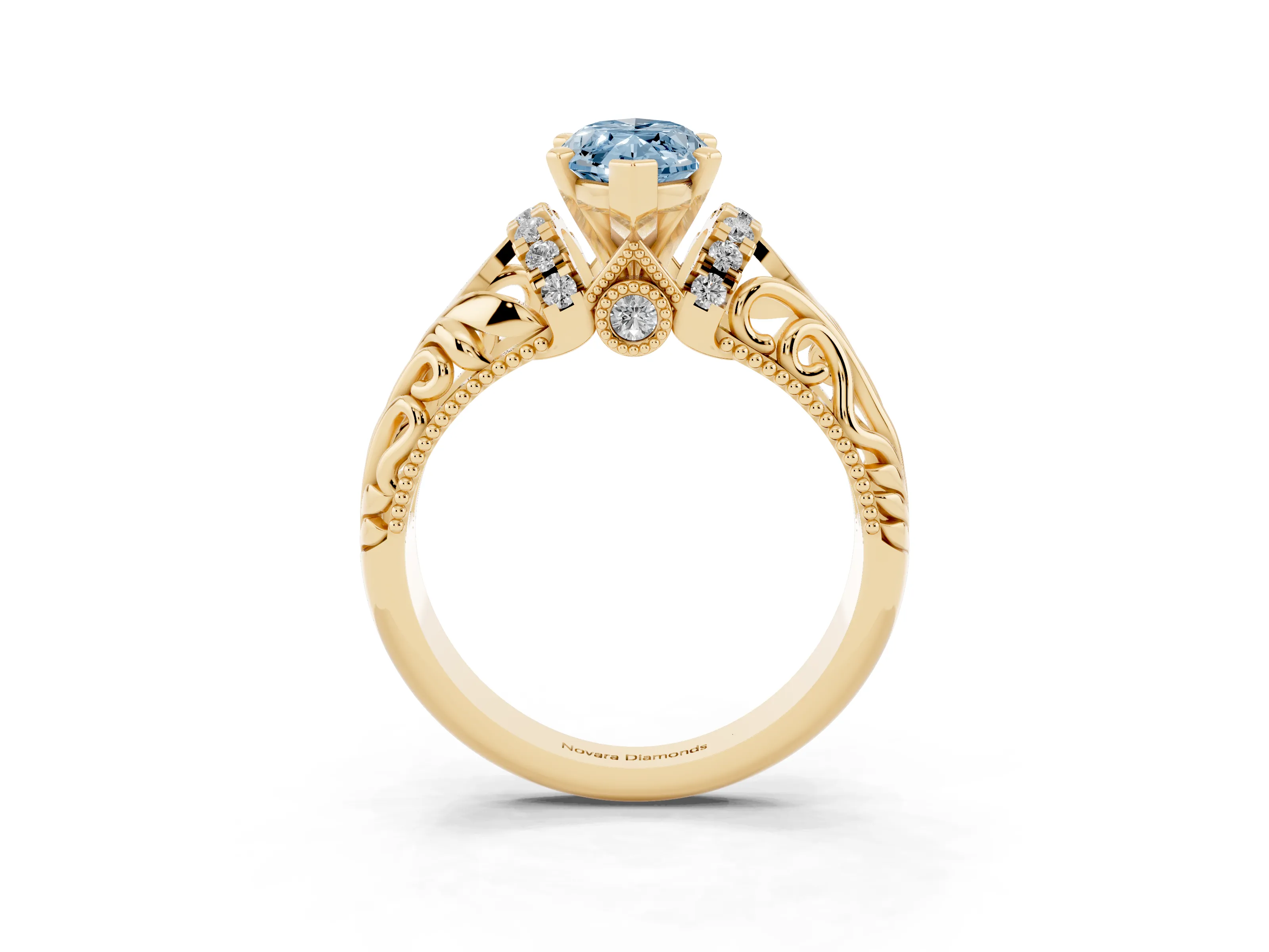 Fancy Blue Marquise Cut Diamond Filigree Halo Engagement Ring Set in Yellow gold with Prong Setting