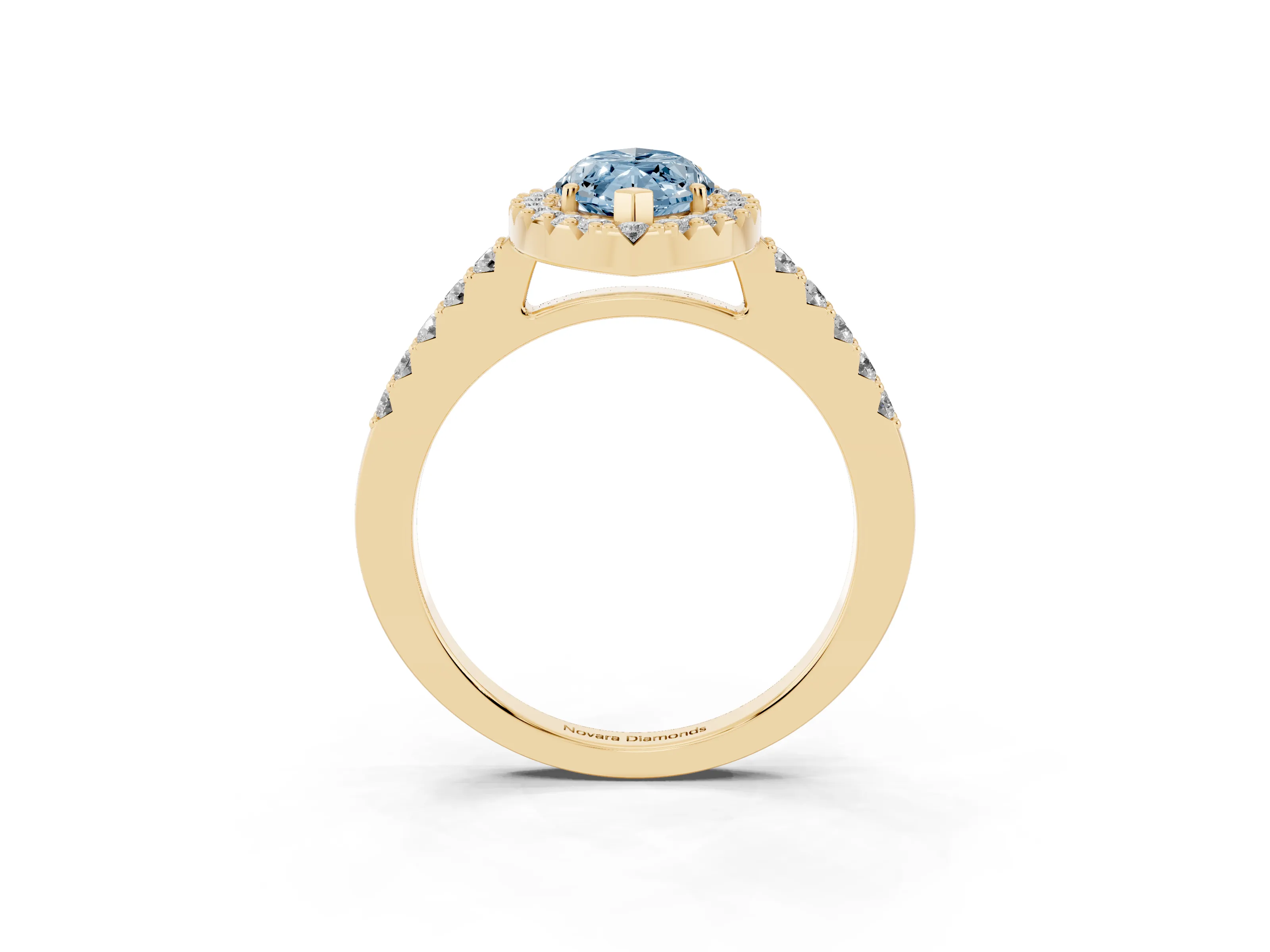 Fancy Blue Marquise Cut Diamond Halo Pavé Solitaire Ring Set in Yellow gold with Prong-Set Center Stone