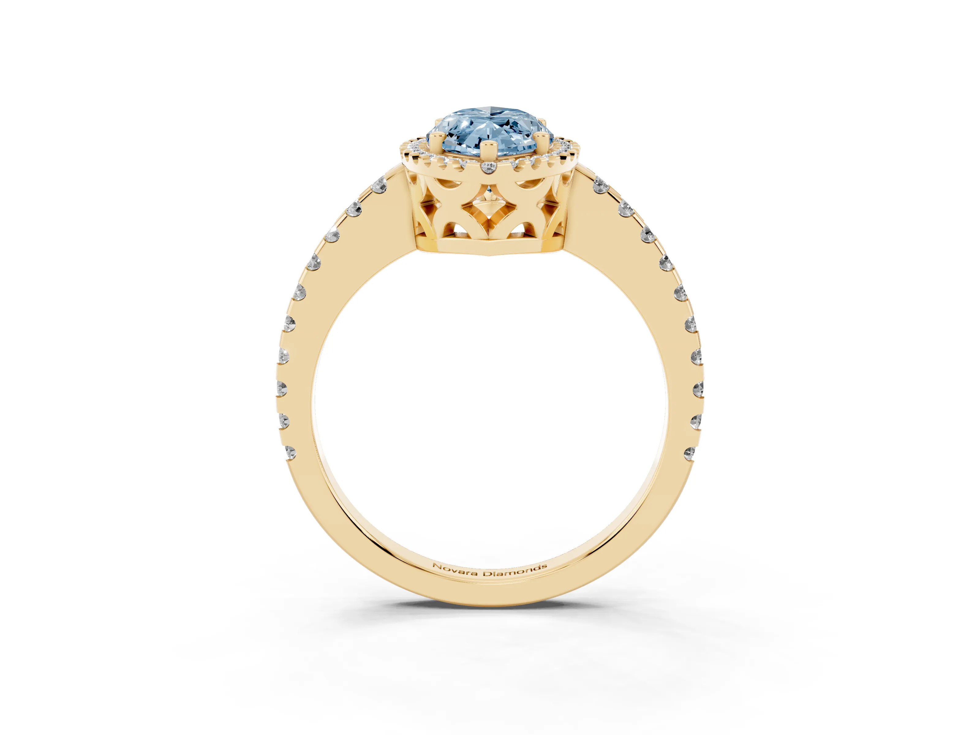Fancy Blue Marquise Cut Diamond Halo Ring Set in Yellow gold with Pavé Shoulders and Halo-Framed Center