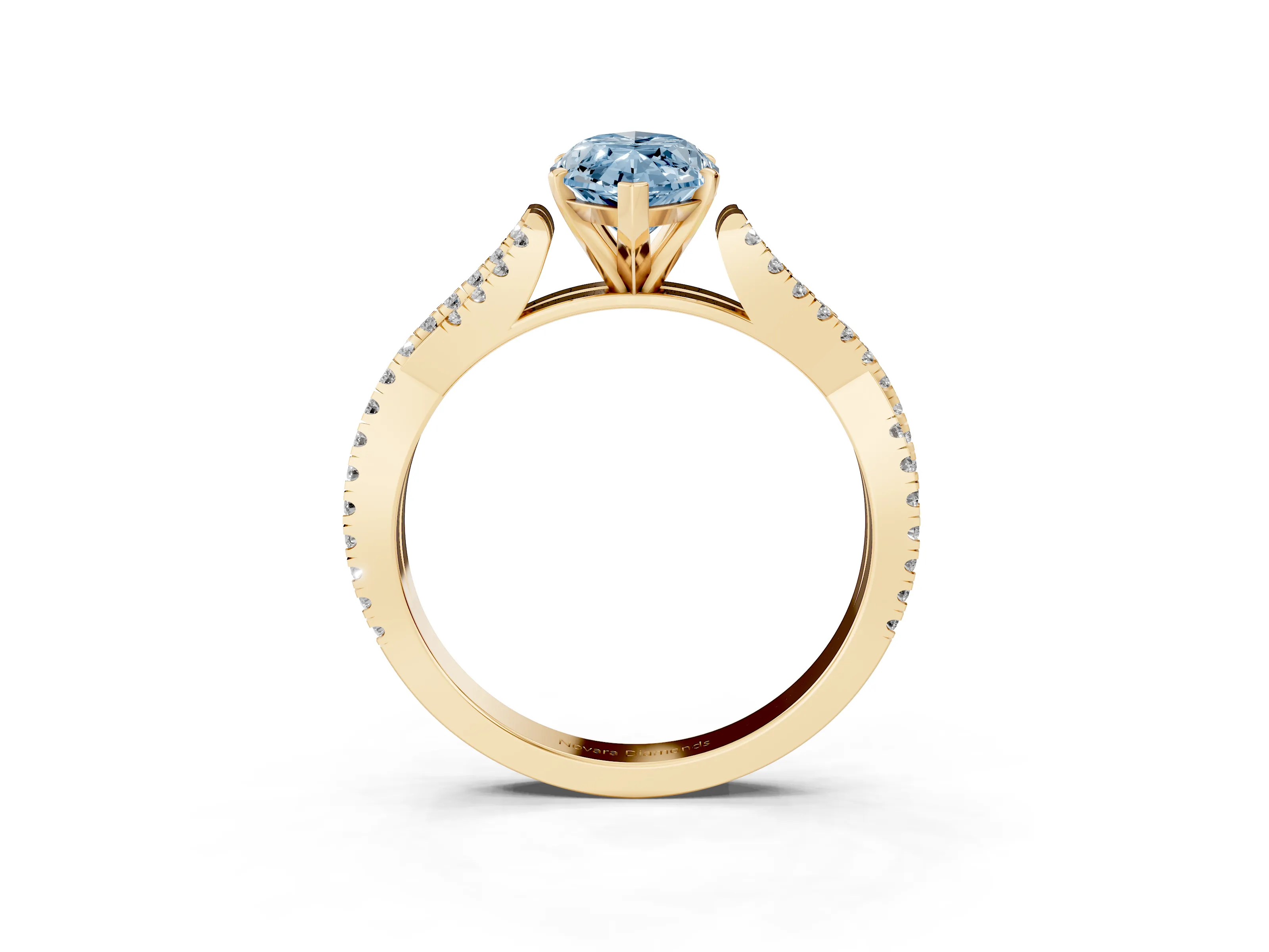 Fancy Blue Marquise Cut Diamond Solitaire Engagement Ring Set in Yellow gold with Twisted Pavé Band and Prong Setting