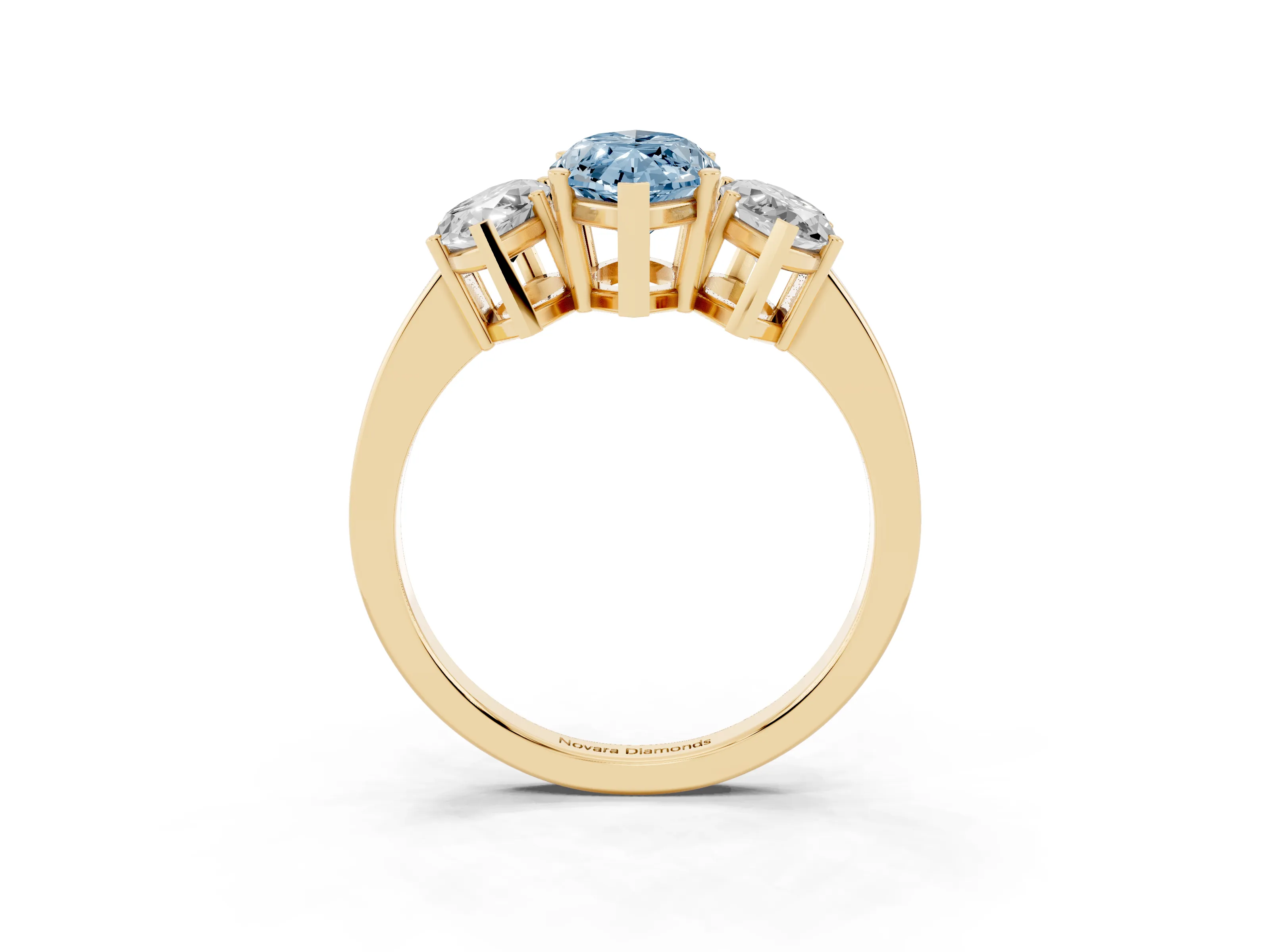 Fancy Blue Marquise Cut Diamond Three-Stone Engagement Ring Set in Yellow gold with Flat Band