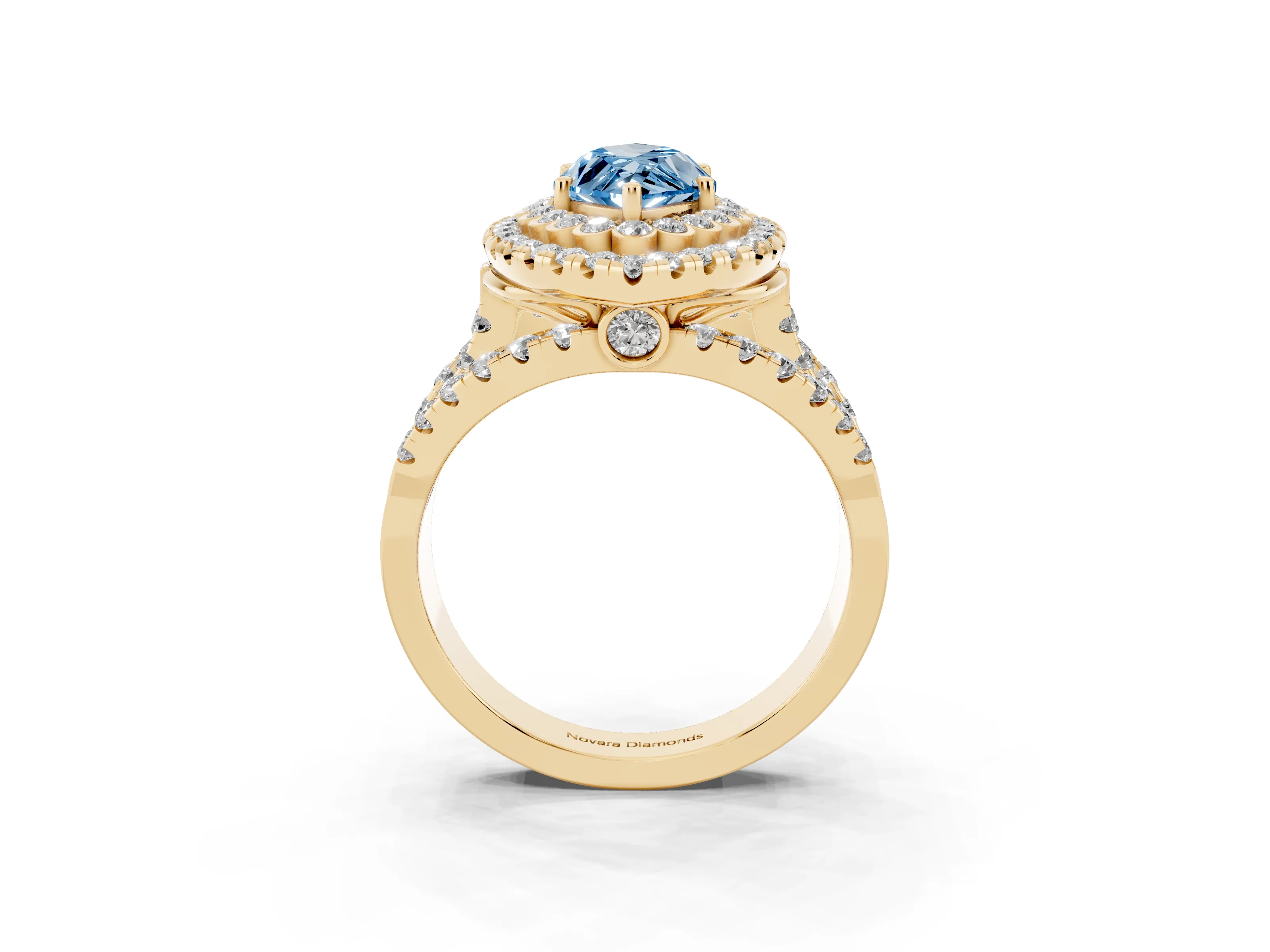 Fancy Blue Marquise Cut Diamond Double Halo Ring Set in Yellow gold with Round Pavé Split Shank