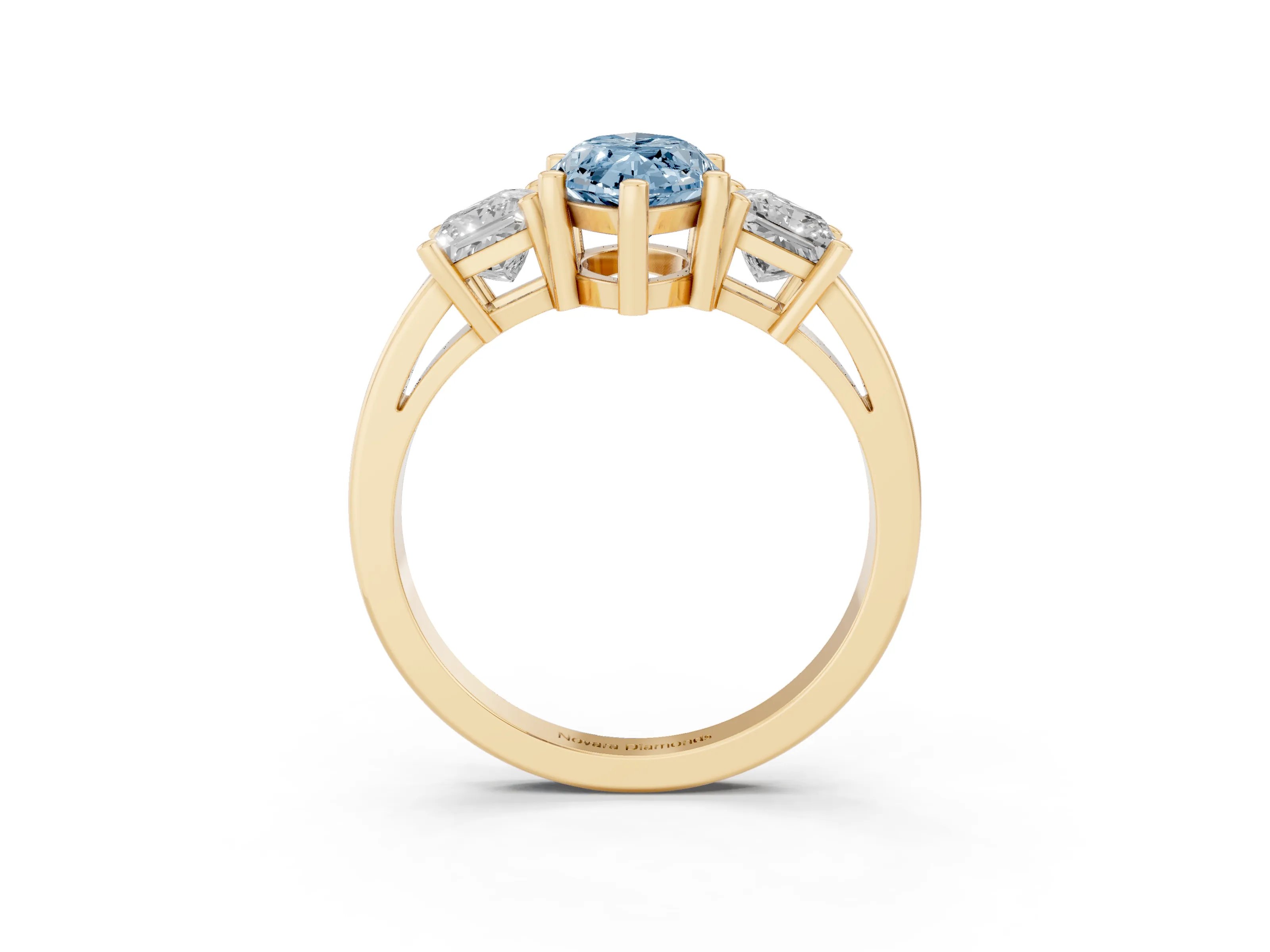 Fancy Blue Three-Stone Marquise Cut Diamond Solitaire Ring Set in Yellow gold with Prong Setting