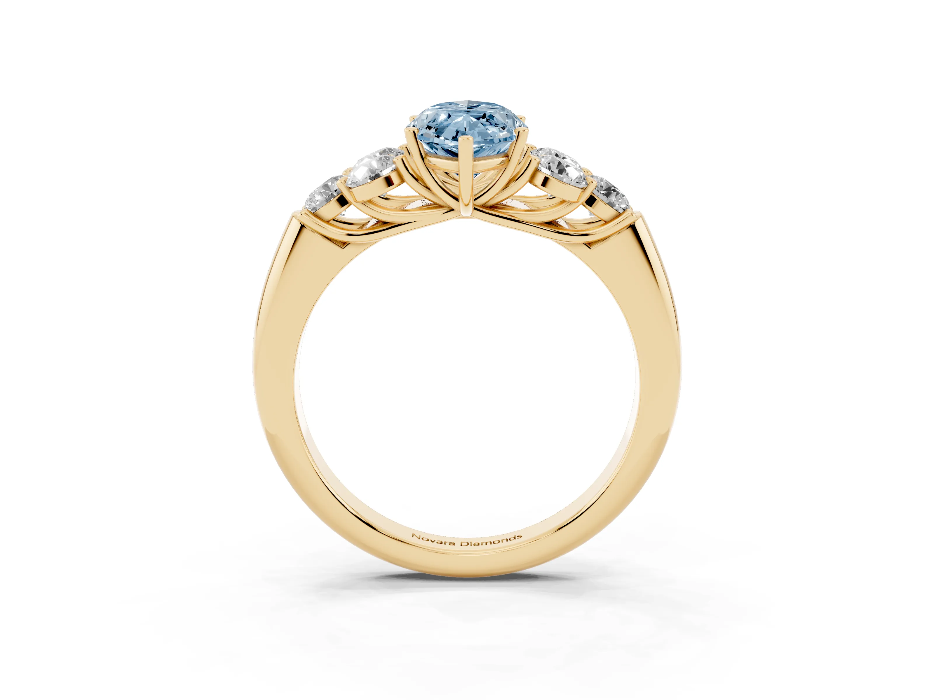 Fancy Blue Marquise Cut Diamond Cluster Ring Set in Yellow gold with Round Accent Stones and Prong Setting on a Plain Band