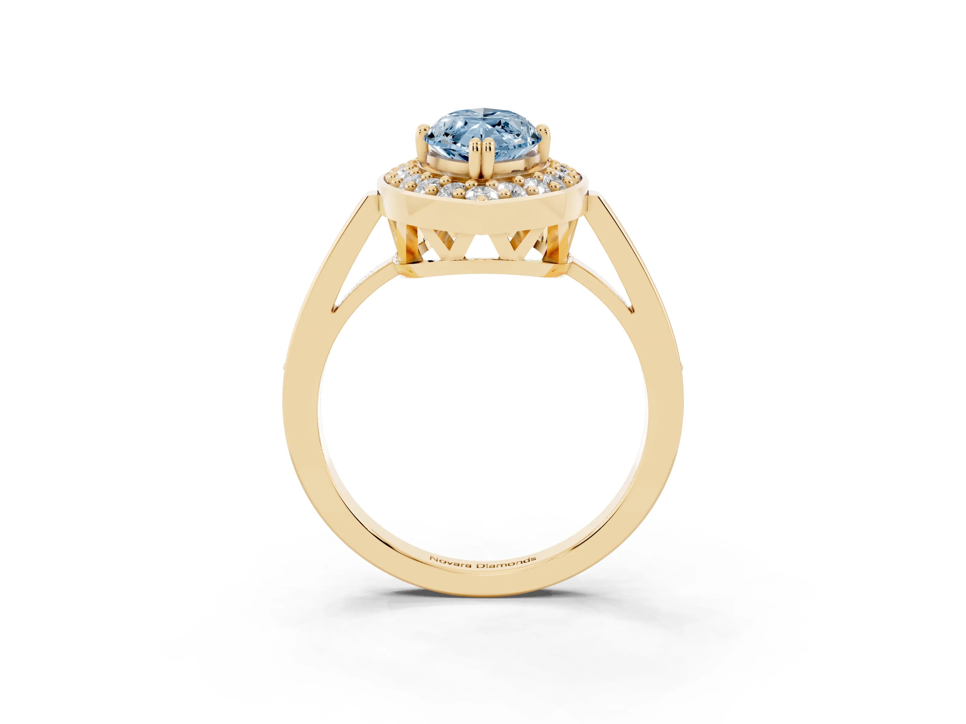 Fancy Blue Marquise Cut Diamond Halo Ring Set in Yellow gold with Accent-Lined Split Shank and Prong Setting